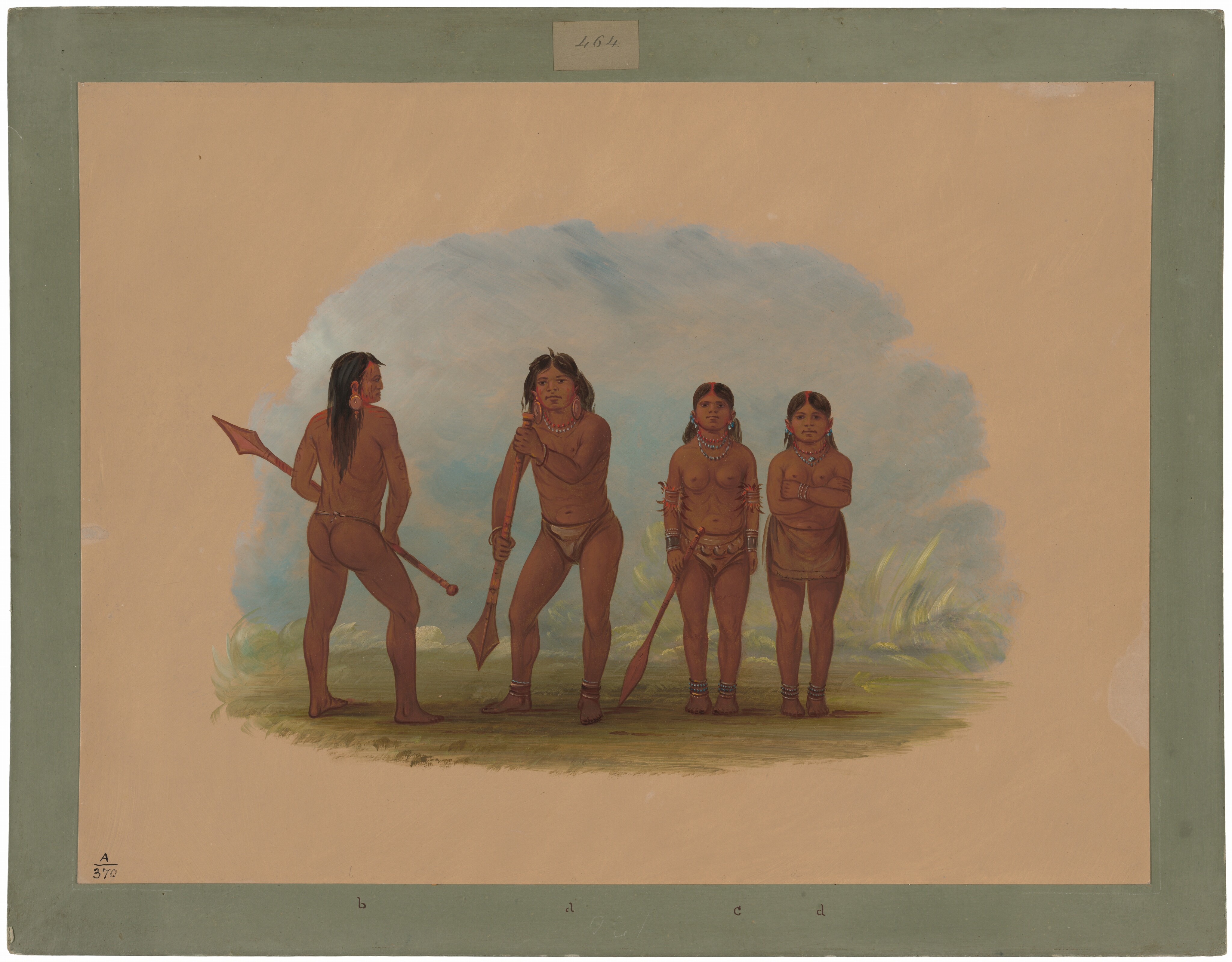 The image shows four individuals standing. The first person is on the left, holding a spear, with their back to the viewer. The second person is facing forward, holding a paddle-like instrument. The third person faces forward with hands at their sides. The fourth person faces forward with arms crossed. All individuals wear necklaces, arm bands, and leg bands, and minimal clothing. The background has grass and greenery with a neutral sky. The color scheme is earthy with soft, muted colors.