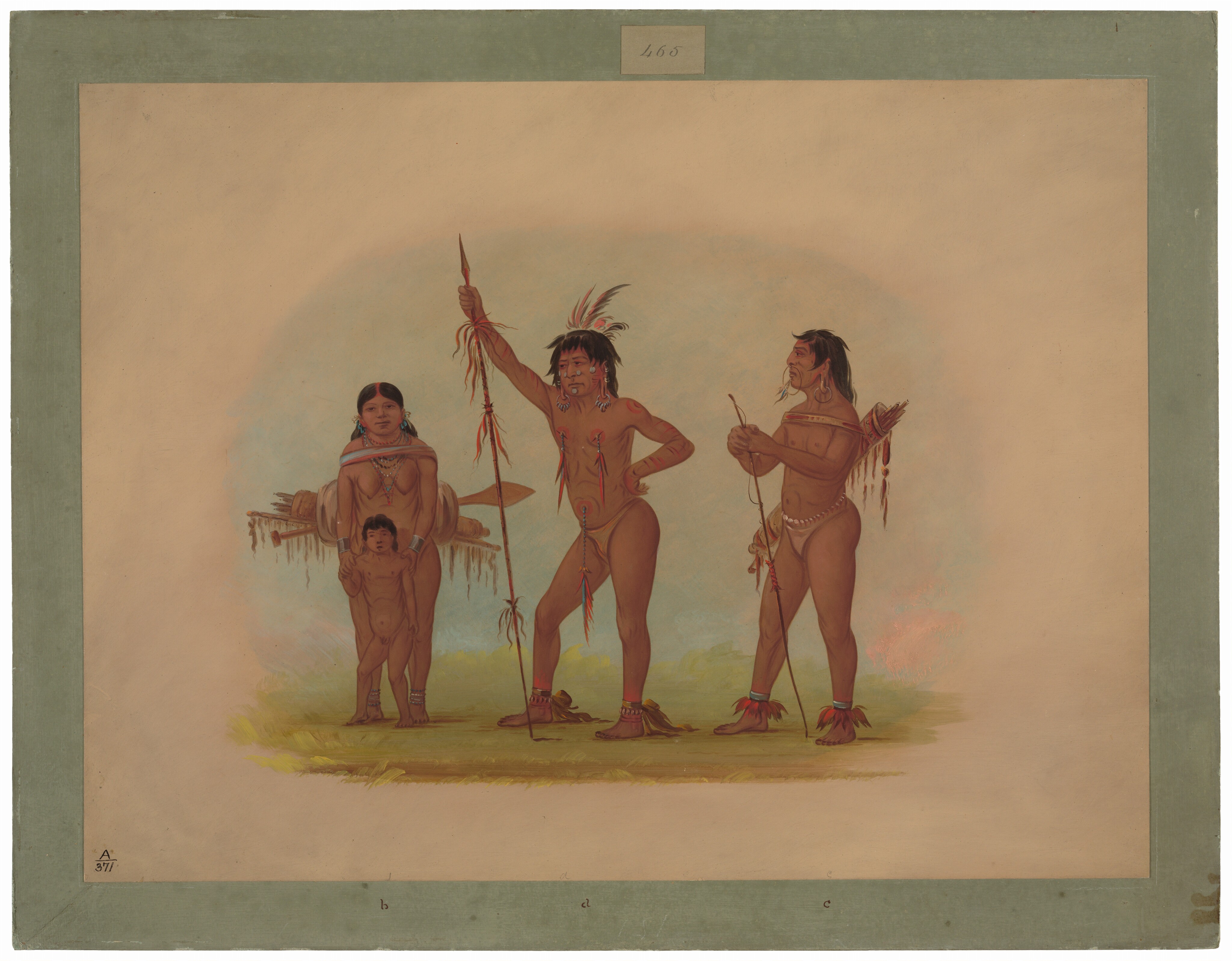 The image depicts four individuals against an abstract background. The first adult, on the left, is a woman with long, dark hair, wearing a shawl and holding a small unclothed child. In the center, a man stands with a raised arm holding a spear. The third adult, on the right, stands with a relaxed posture holding a bow. The background is soft-hued with a grassy ground underneath the individuals.