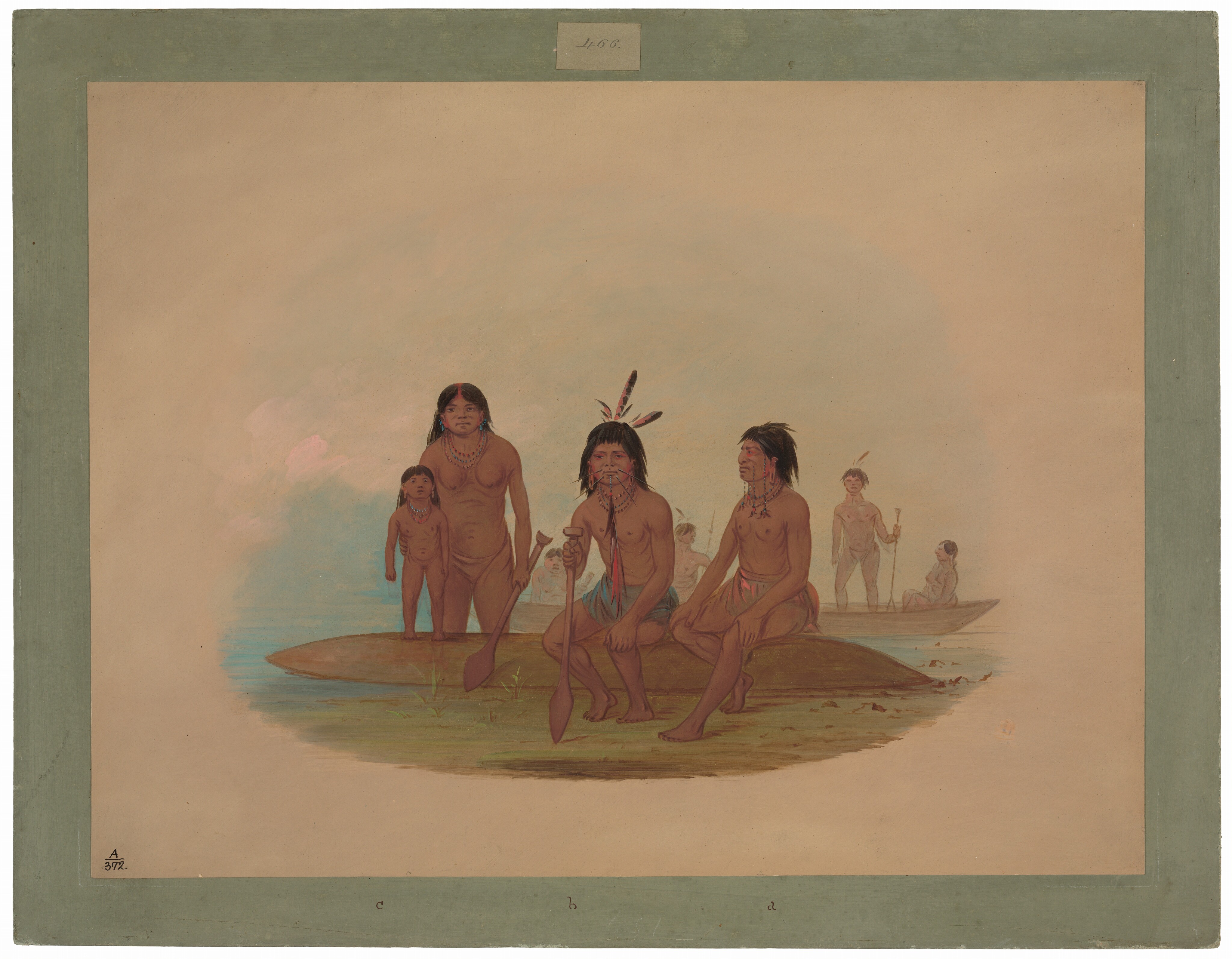 The image shows multiple individuals in an outdoor setting. Two seated men at the center have long dark hair, with one wearing a feathered headpiece. They have facial markings or tattoos, wear loincloths, and beaded necklaces. A woman and a child stand to the left, with two other figures, including a child, in a canoe in water in the background. The scene is by water with grassy land under an open sky.