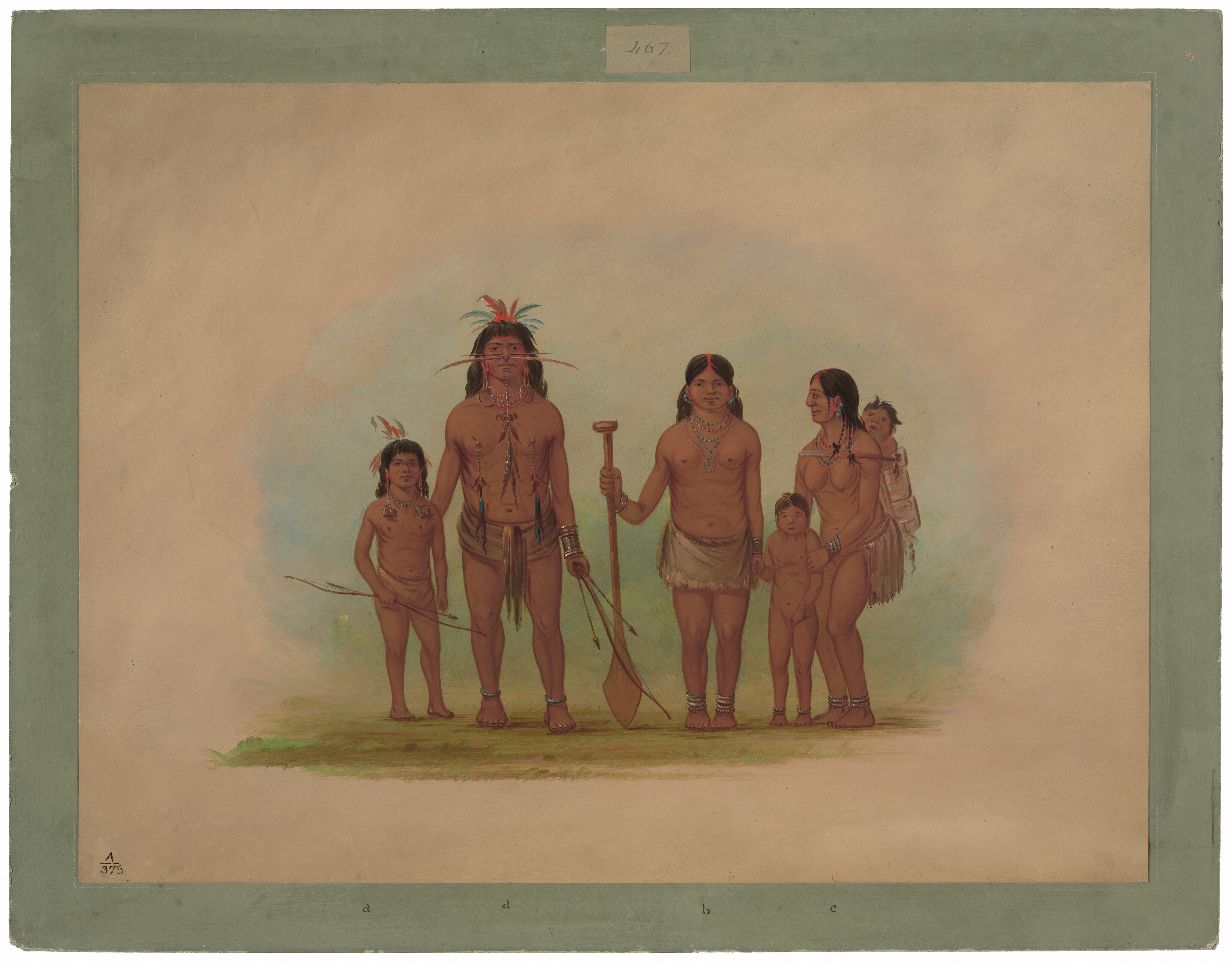 The image shows five individuals in a natural setting. Two adults and three children are depicted in full-body view. In the center, an adult male with long black hair, colorful feathers, and facial markings is bare-chested, wearing a cloth around his waist and beaded jewelry. He holds a long wooden paddle or staff. To his left is a child with similar features, feathers, and a bow. On the right, an adult female with tied-back hair, wearing a necklace and draped in a cloth, holds the hand of a naked child and carries another on her back. The background is a gradient of light colors with a green border.