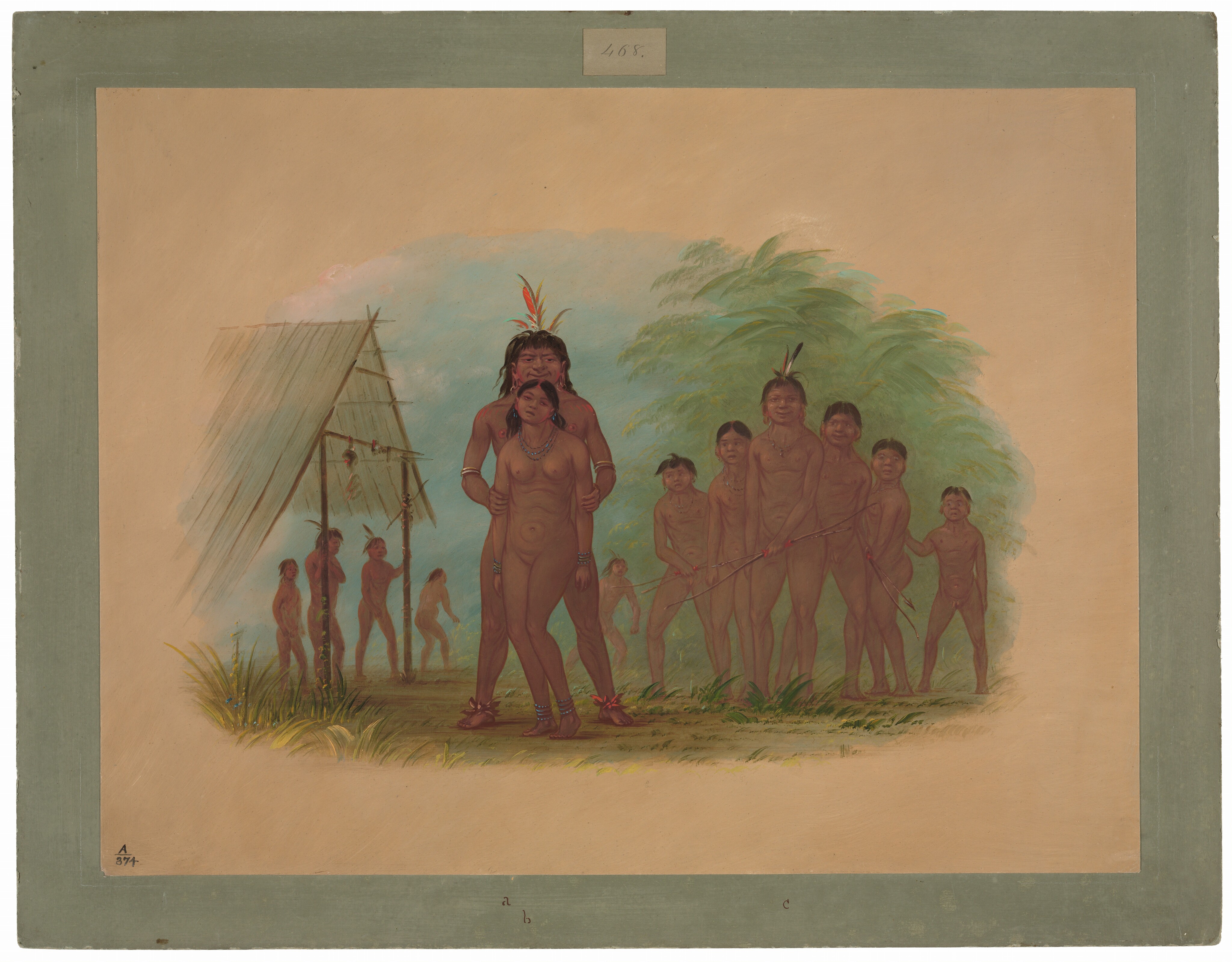 This is a painting of a group of individuals gathered in front of a simple shelter made from natural materials, set against a backdrop of lush greenery. The scene is captured in a realistic style with careful attention to the details of the environment and physical characteristics. The group appears to be in a relaxed, communal setting with an emphasis on familial or social bonds. This is in style of George Catlin, known for his depictions of Native American life and culture in the 19th century. The painting emphasizes the cultural and natural setting through its composition and color palette.