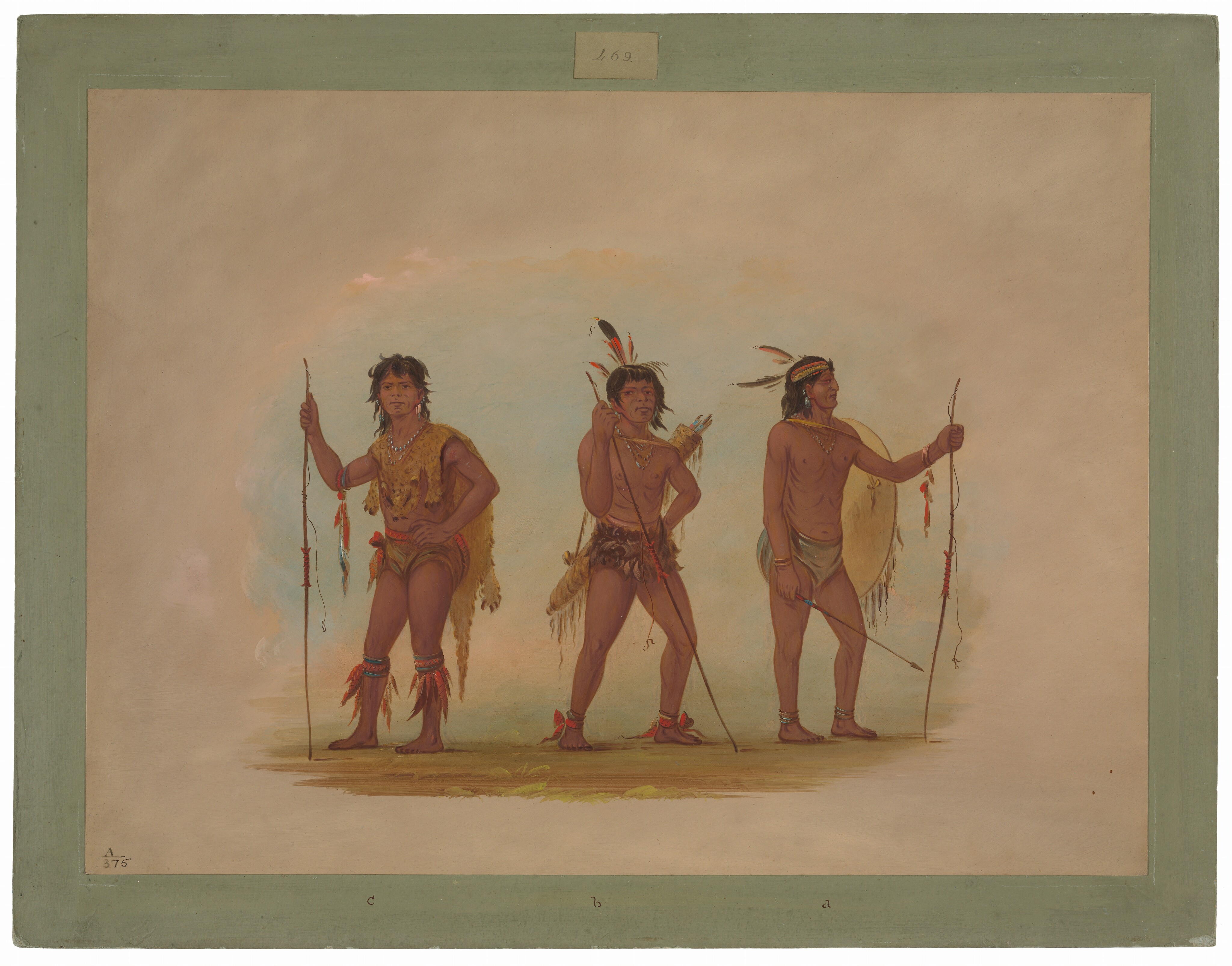 Three men are shown standing side by side, facing each other. The man on the left holds a spear, has short dark hair, high cheekbones, and a determined expression. He wears a fringed garment, loose shorts, and decorations on his ankles and biceps. The central man stands with his hands on his hips, wearing a feathered headdress and a fringed garment with a belt. He has a decorated shoulder strap and a quiver of arrows on his back. The man on the right holds a bow, and a shield on his back, with bands on his arms and neck. The background is a warm gradient.