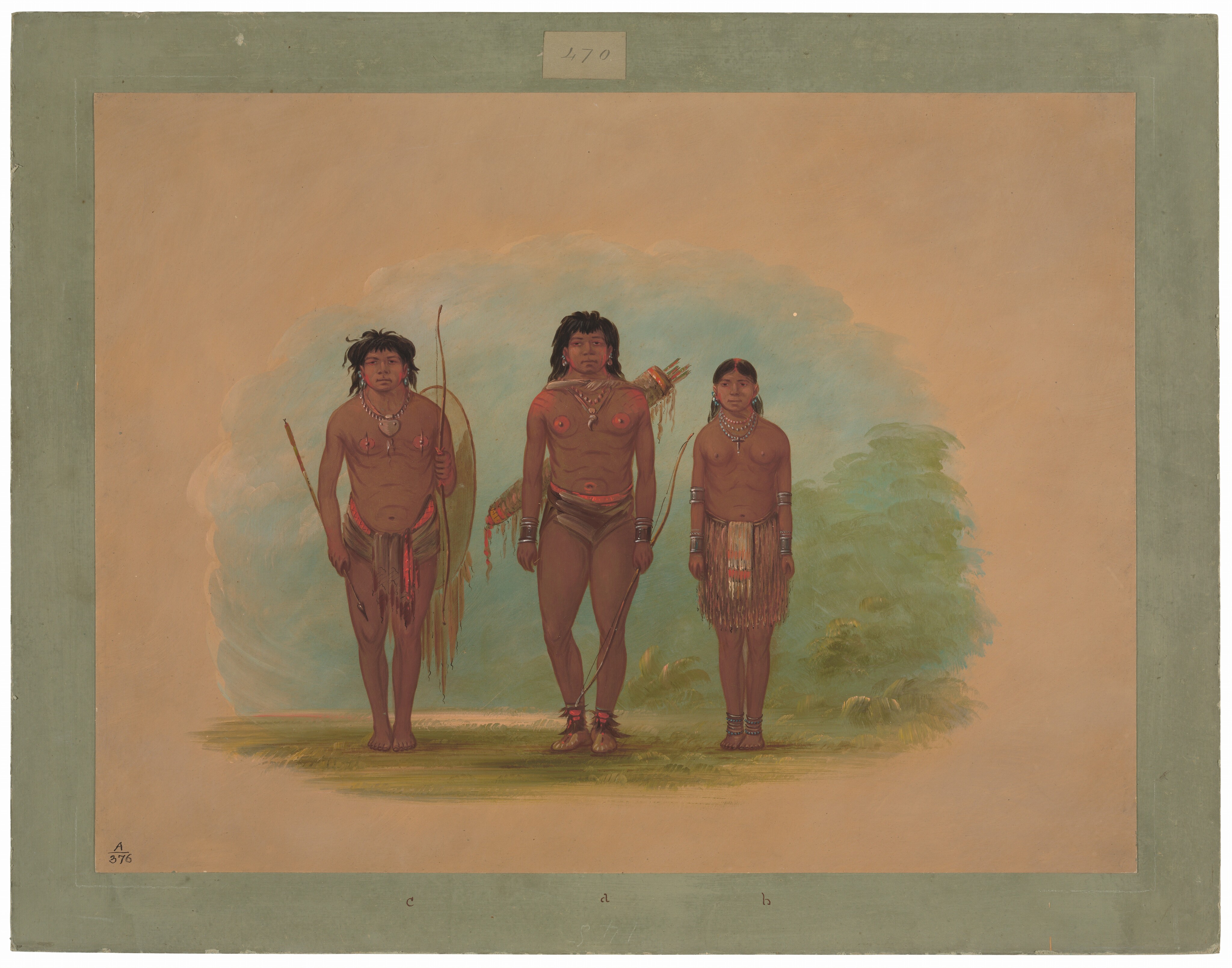 The image depicts three individuals standing in a row. The person on the left has tousled hair, holds a bow and arrow, and has broad facial features with a strong jawline. The central figure has straight shoulder-length hair, a neutral expression, and carries a bow. The figure on the right has hair parted in the middle and worn in a bob style, standing with hands at their sides. All three wear traditional clothing made from natural materials. The background shows a painterly depiction of greenery with a soft, blurred effect.