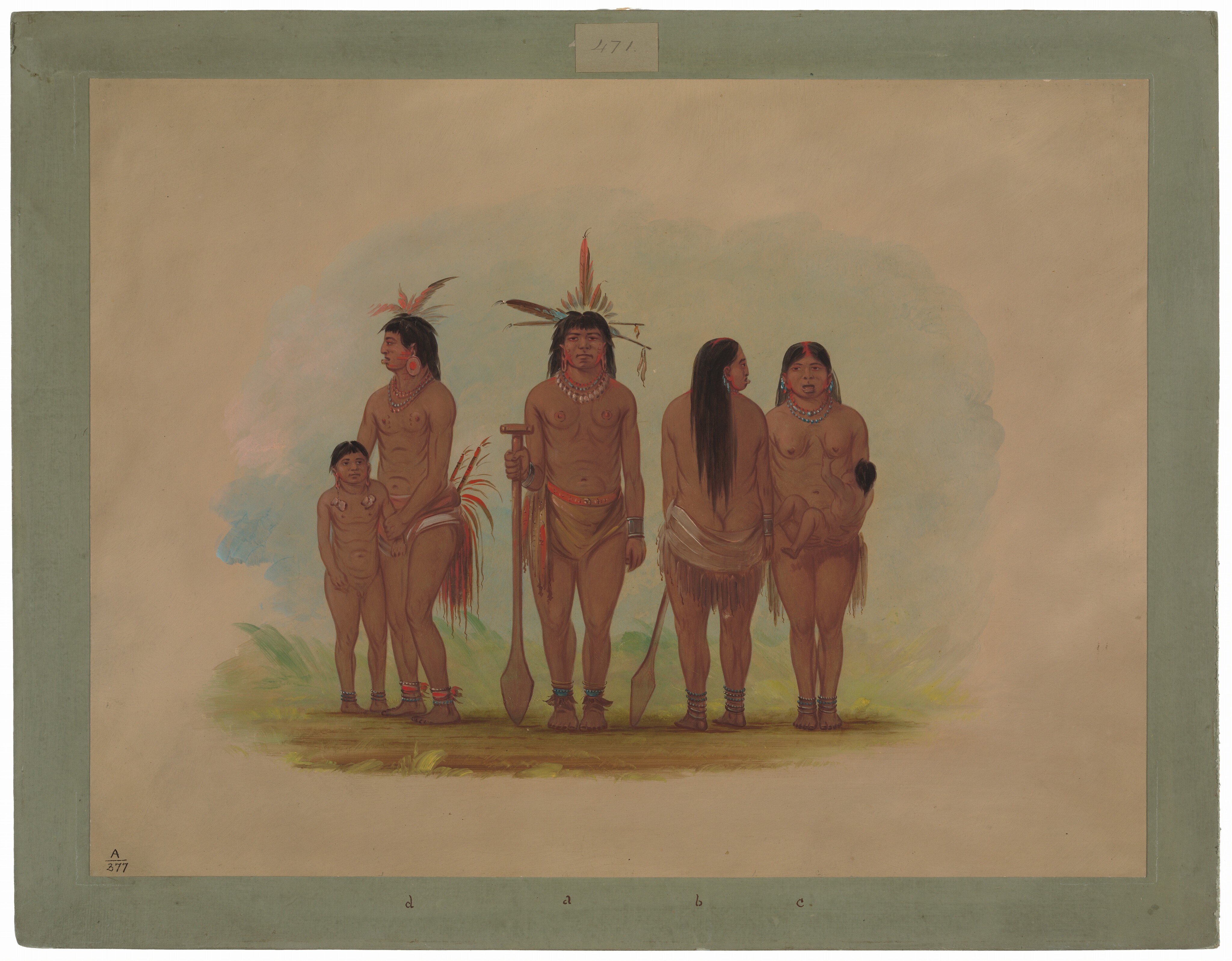 The image depicts five individuals standing side by side. On the left is a young child and an adult male, both in minimal clothing. In the center are two adorned adult males, and on the right is a woman holding an infant. The background is simple with a light, natural tone.