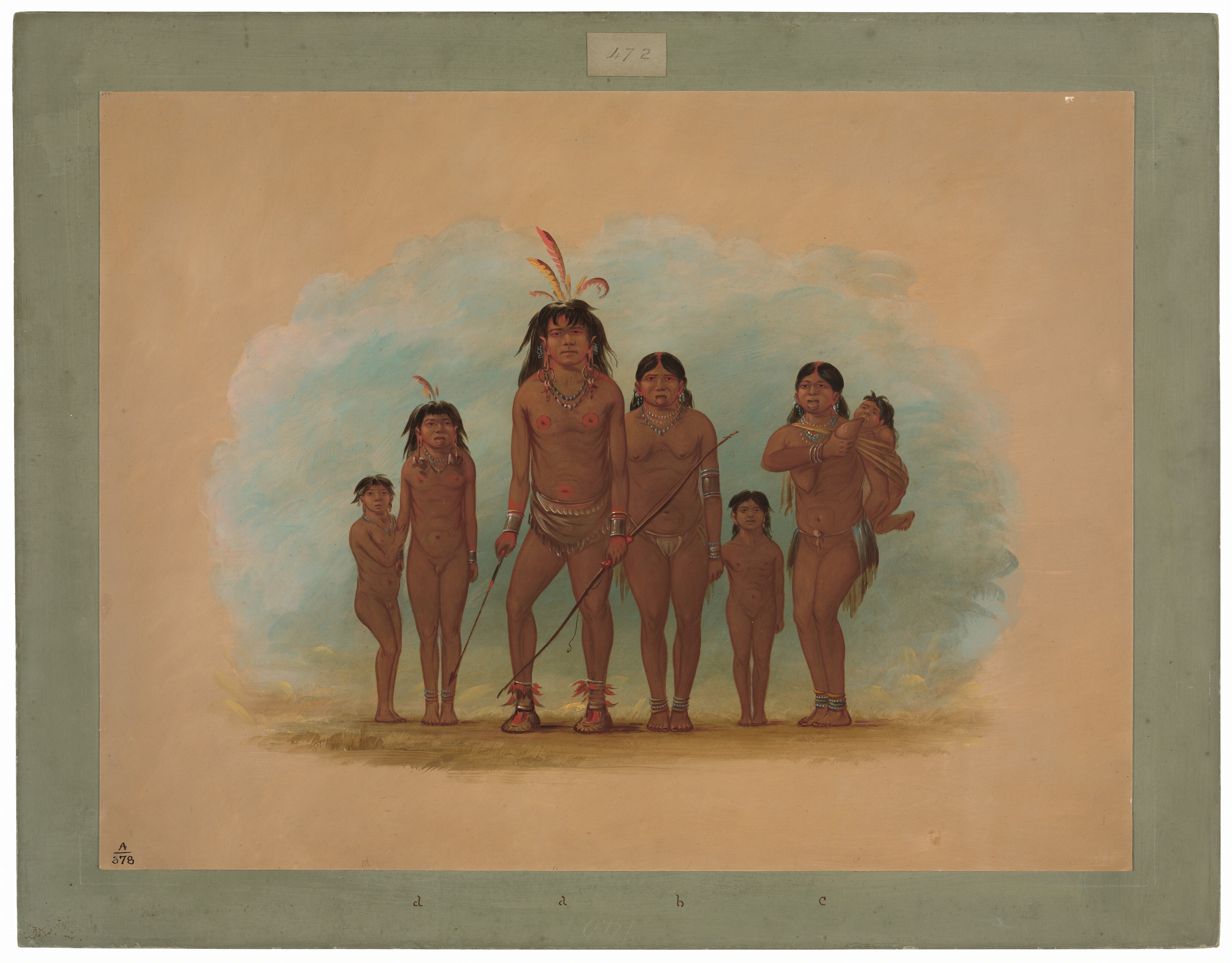 The image shows a group of five individuals and a baby standing in a row. In the center, there is an adult male holding a stick and a bow. He has long dark hair with red and white feathers, distinctive cheekbones, and wears jewelry. A woman beside him holds a baby, while three other children stand to the left. All individuals have long dark hair and wear beaded jewelry, with one child wearing a feather. The background is earth-toned with a green border.