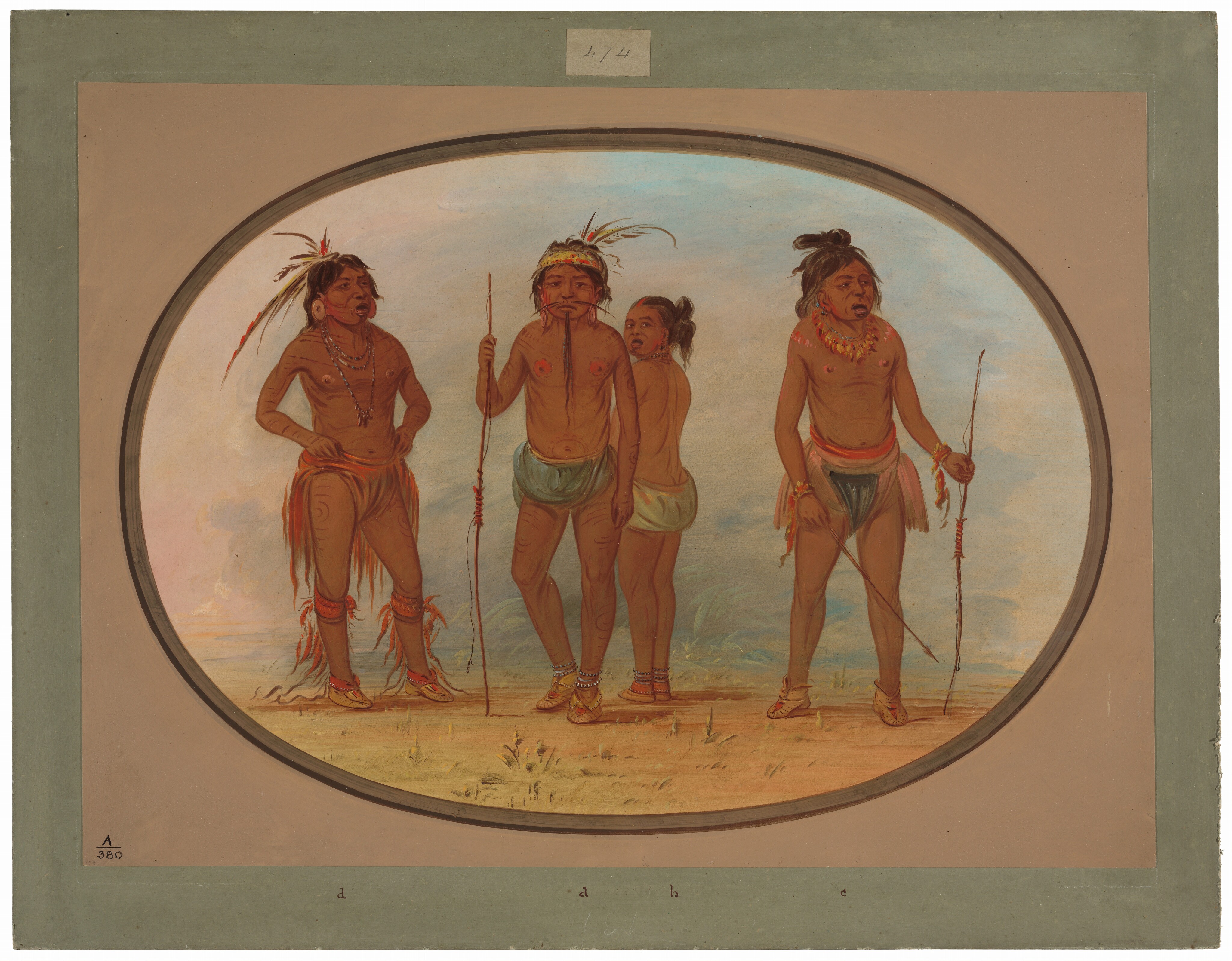 The image shows four individuals standing in various poses. One person on the left has a hand on the hip, while the second person holds a spear. The third person has their back to the viewer, and the fourth person also holds a spear. The individuals have Native American facial features, dark hair, and wear traditional clothing with adornments. The background shows an open landscape with soft colors.