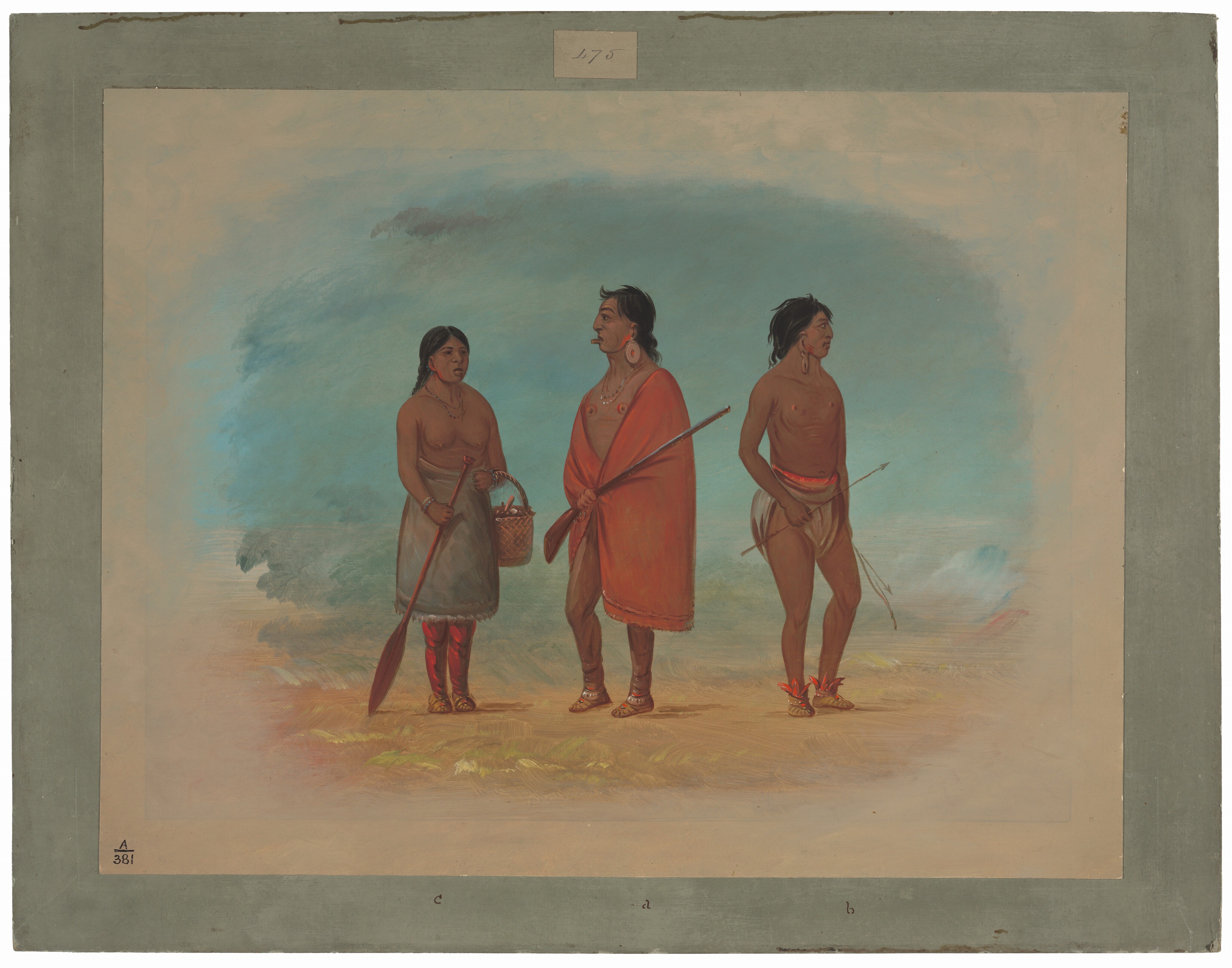 The image shows three individuals in full body. On the left, a person stands holding a paddle and a basket. They have long dark hair and wear a red garment with red leg coverings. In the center, another person stands with a spear, draped in an orange-red textile. They have dark hair and wear large circular earrings. On the right, a person stands holding a stick-like object, wearing a shorter garment with red accents and dark hair. The background is softly painted in light blues and beiges, suggesting an outdoor setting.