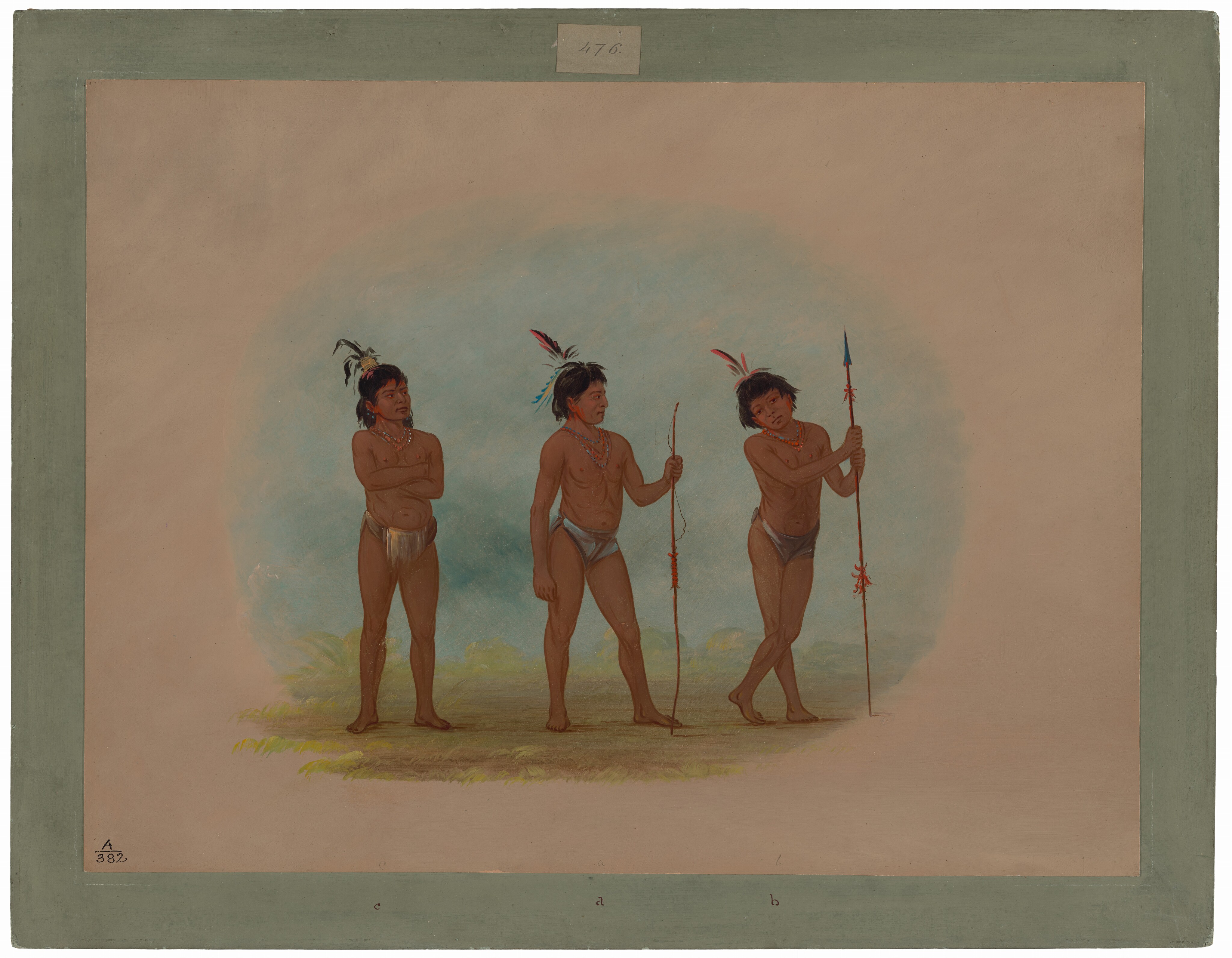 The image displays three individuals standing together. The two on the left face forward, while the one on the right is turned slightly to the side. Each has distinct facial features with dark, medium-length hair decorated with feathers. They have neutral expressions and stand in a relaxed posture. Their lower bodies are minimally clothed, and they wear various ornaments like necklaces. The person on the far left is crossing their arms, the middle one holds a bow and arrow, and the person on the right leans on a decorated spear. The background is a simple, green landscape with soft skies.
