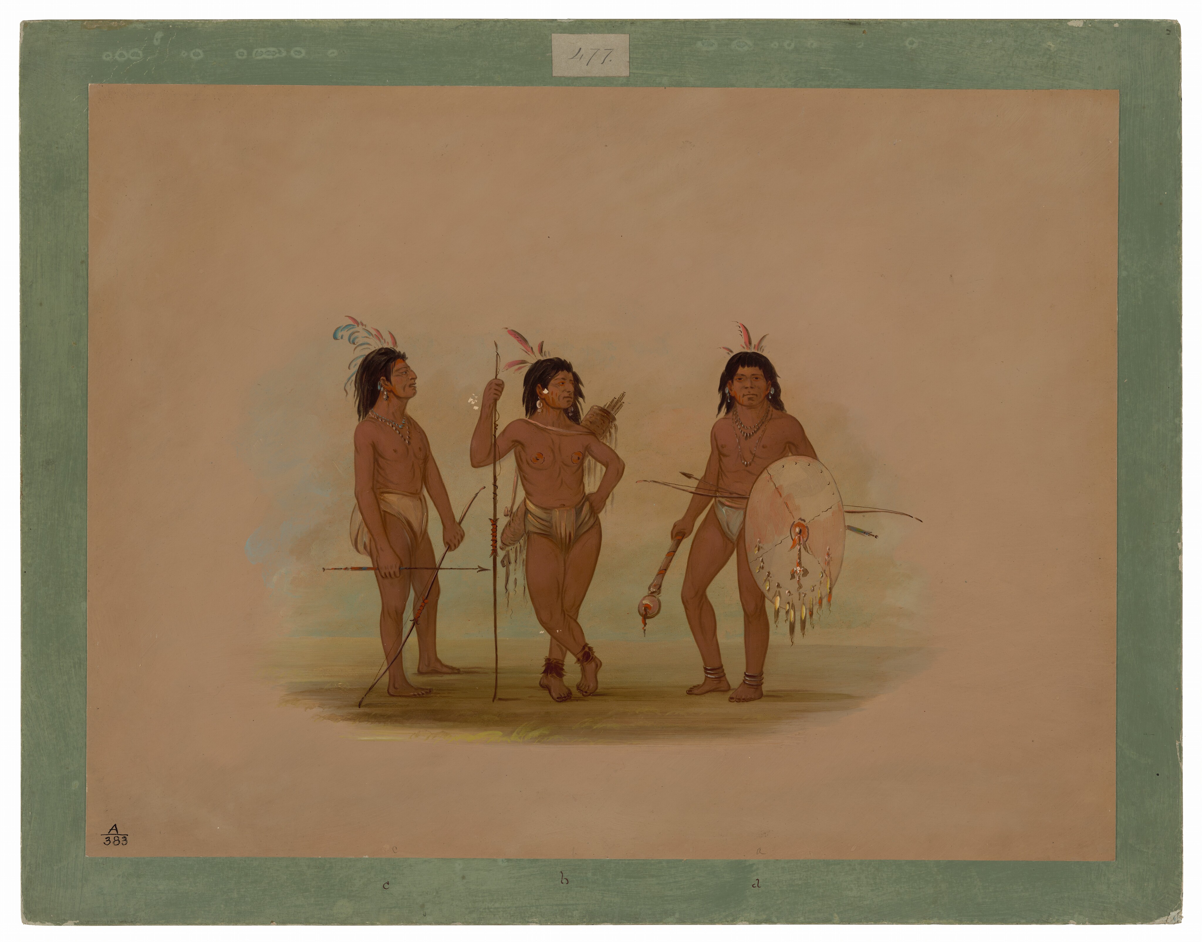 The image shows three men standing together. The person on the left holds a bow and arrow. The central figure holds a spear. The person on the right holds a shield and a club. All three have feathers in their hair and wear minimal clothing. They have distinct facial features and long, dark hair. The background is neutral with soft colors.