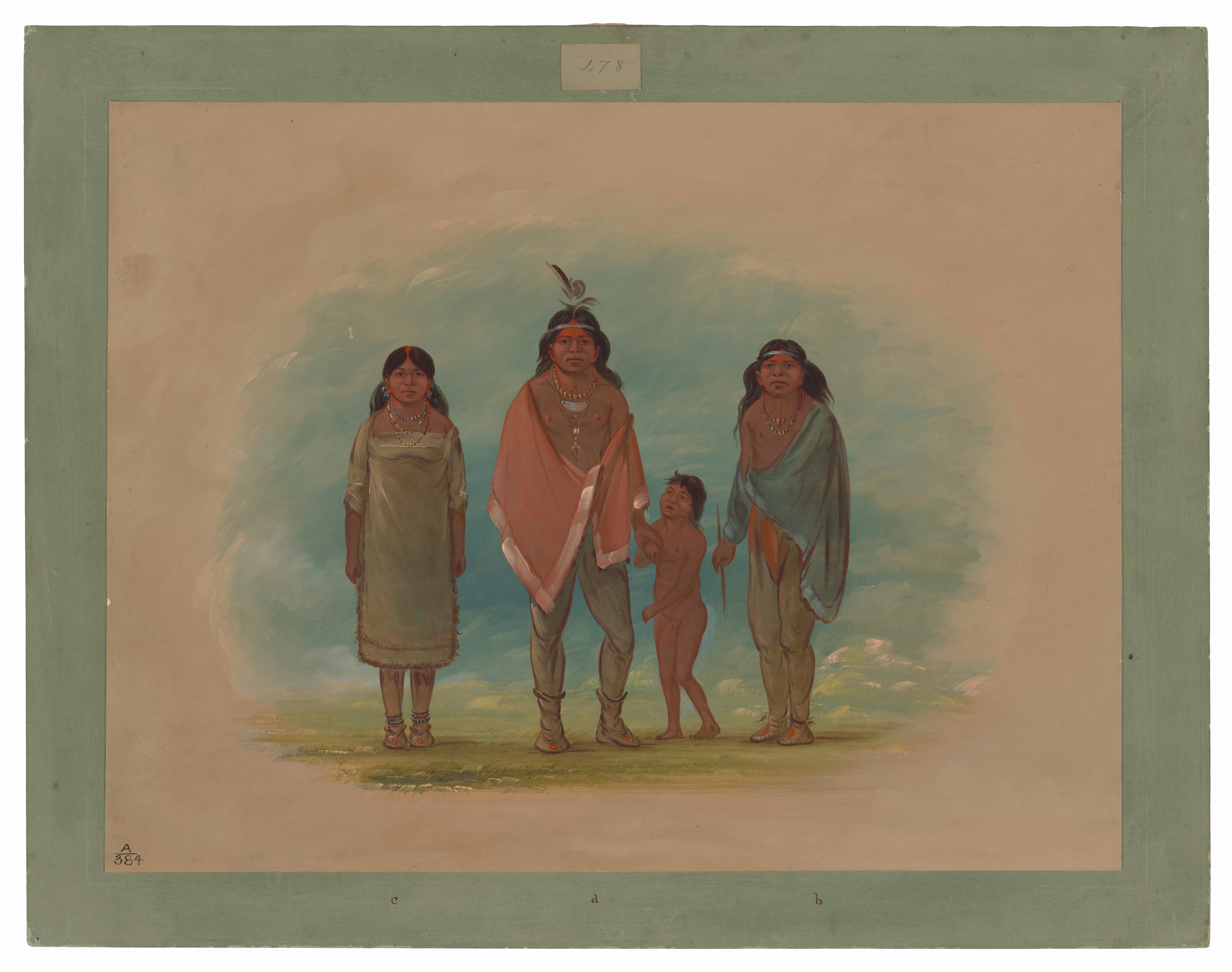 The image shows four individuals standing in a straight line facing forward. From left to right, there is a young girl wearing a dress and beaded necklaces, a man with long hair and a feather, a naked child, and a man with long dark hair holding a stick. The background is a painted setting with muted earth tones, faded greens, and a subtle blue sky.