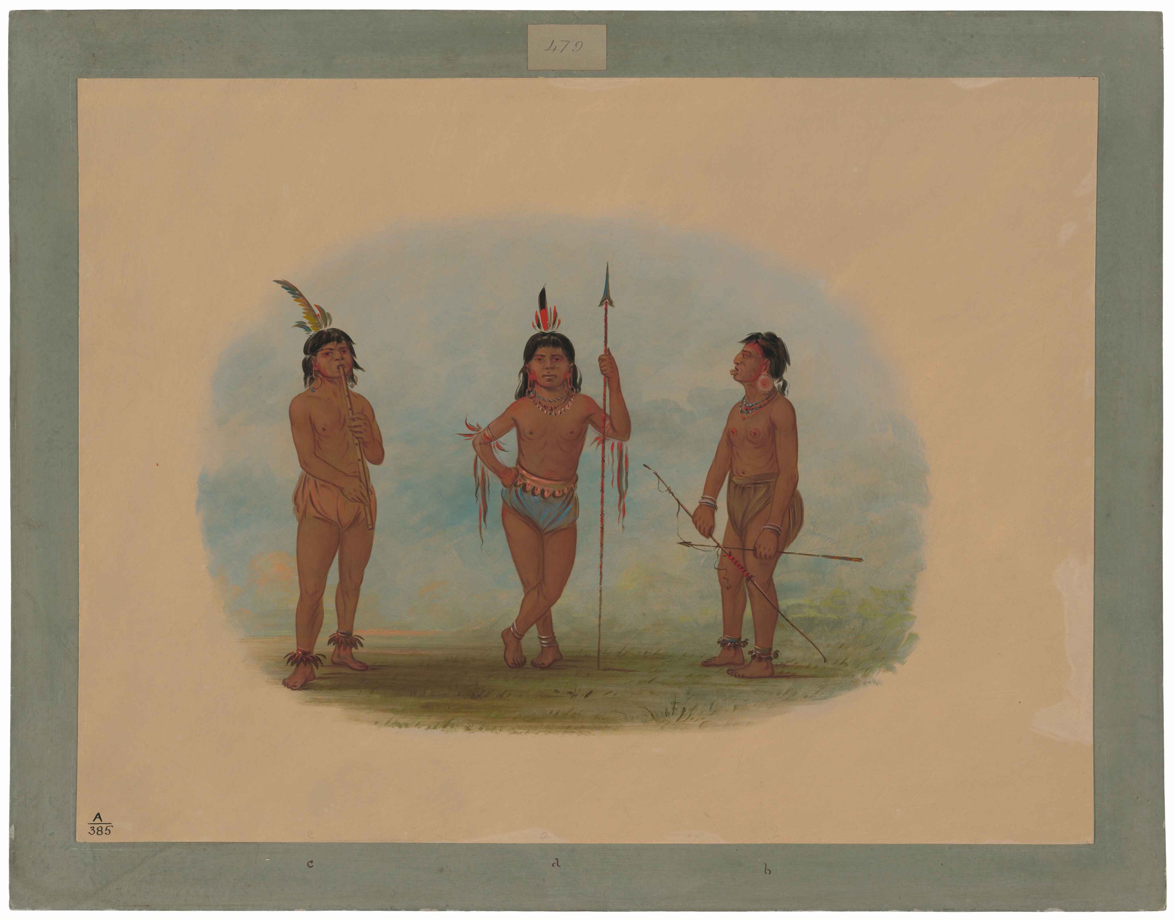 Three individuals are depicted in full-body portraits. The central figure stands with one leg crossed over the other, holding a spear adorned with feathers. They have long black hair with feathers, a beaded necklace, and wear minimal clothing. To the left, another individual stands holding a pipe, with long black hair with feathers, minimal clothing, and anklets made of feathers. On the right is the third figure holding a bow and arrow, wearing similar attire and a necklace, with long black hair. The background is a light, neutral field with hints of green, and the artwork is framed with a green border.