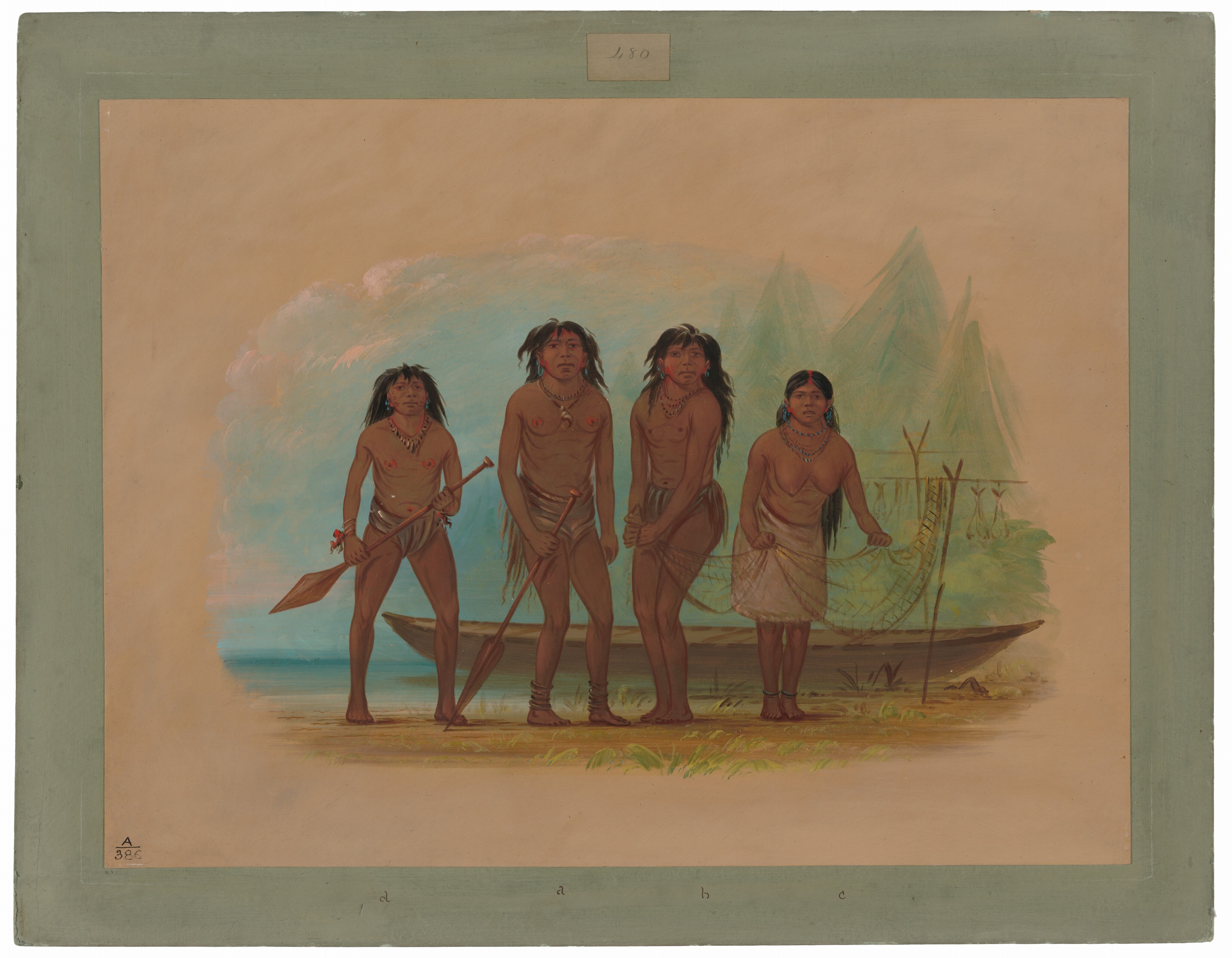 The image shows four individuals standing upright side by side. Three men have long, dark, slightly wavy hair falling around their shoulders, while the woman has long hair styled into two braids. The first man on the left holds a paddle and wears a necklace and a waist covering. The second man has a colorful necklace, a similar waist covering, and holds a staff. The third individual in the center carries a stick and wears a necklace. The woman on the right wears a woven skirt, a simple top, and multiple necklaces, holding up a net on posts. They stand on a beach with the ocean to the left and a boat behind them. The background reveals green, pointed trees. The sky is painted in soft hues merging into the landscape.