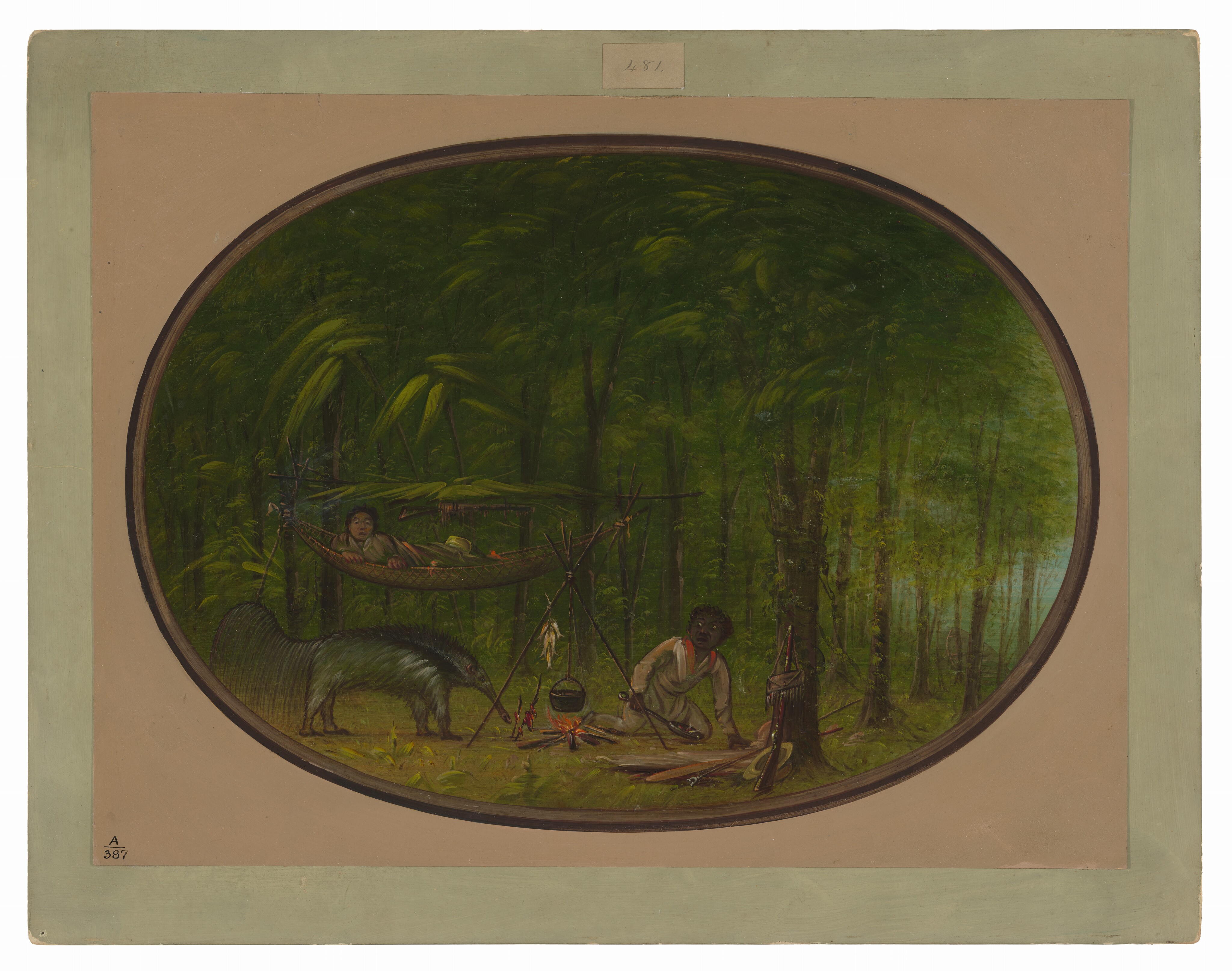 The scene depicts a small clearing in a dense forest. A person is in a hammock, while another is cooking over a fire. An anteater is walking nearby. The painting shows detailed textures in the leaves and bark, with deep greens and browns dominating the color palette.