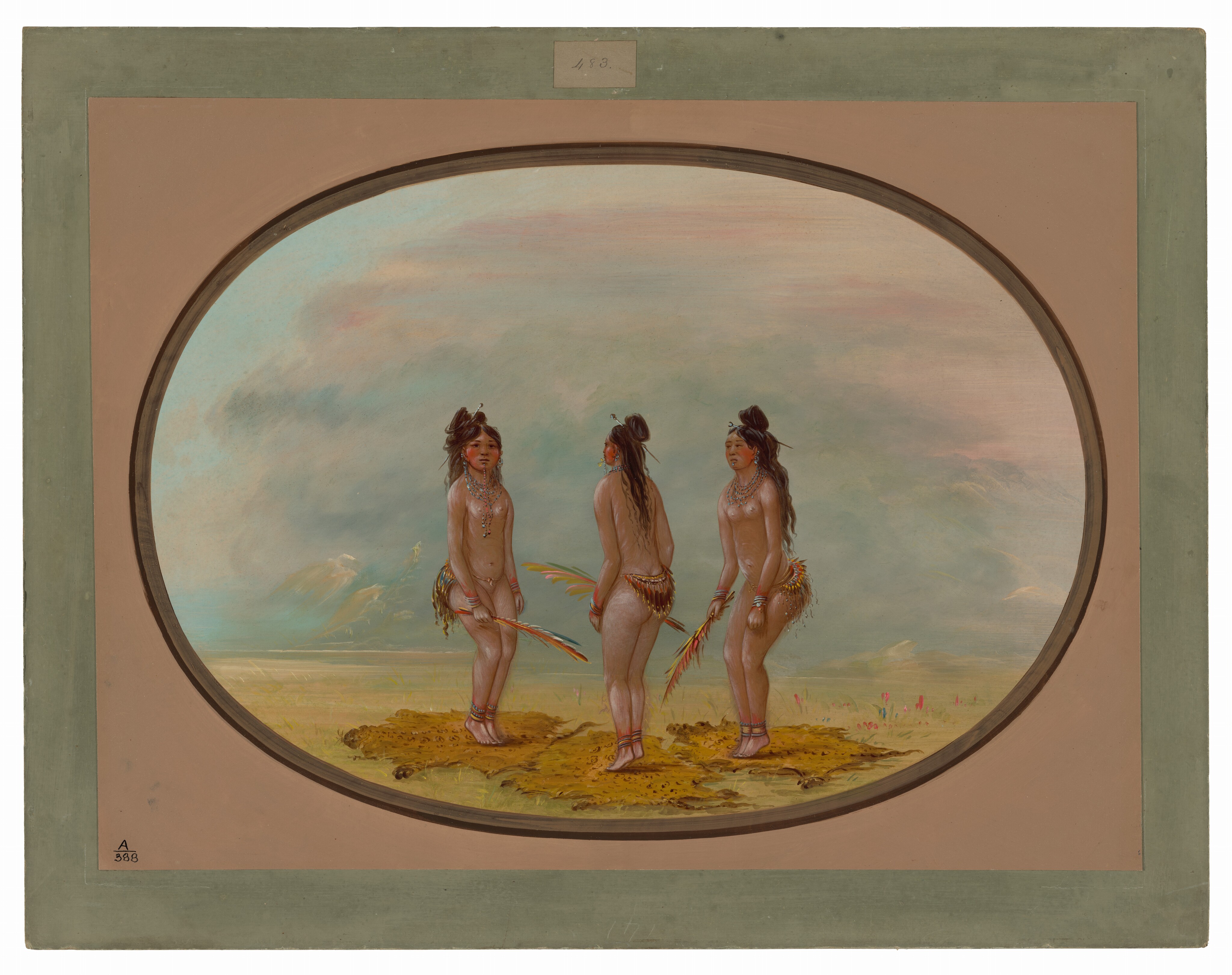 The image depicts three figures standing in the foreground. They have long, dark hair styled up with feathers, wear necklaces, and have minimal attire with feather elements around their waists and legs. They hold long sticks adorned with feathers. The background shows a natural landscape with grass, a distant mountain range, and a cloudy sky.