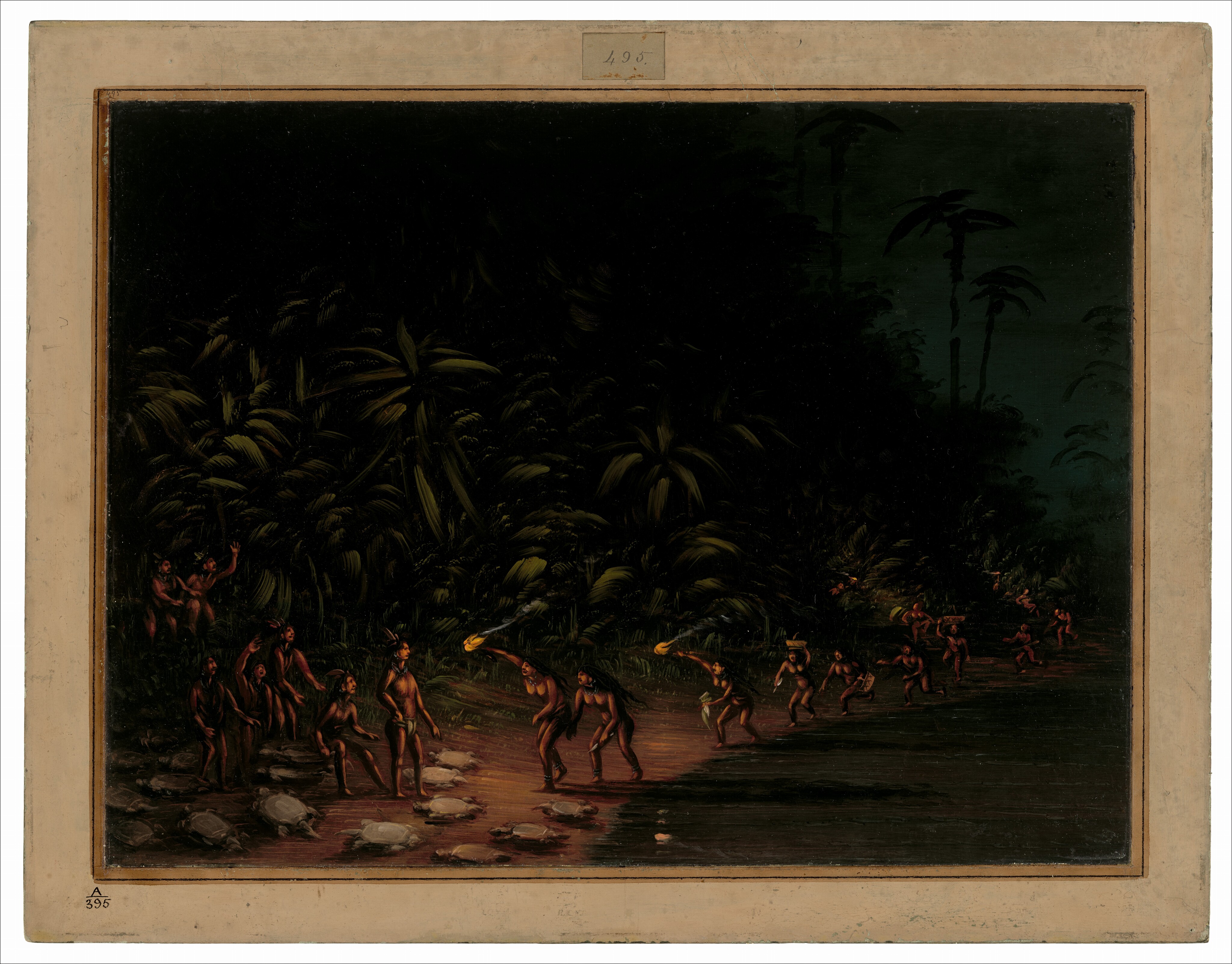 This is a painting of multiple figures in a jungle or forest setting at night, illuminated by torches. The scene shows the figures moving through dense foliage with large leaves and tall trees under a dark sky. The painting focuses on the contrast between the warm light of the torches and the deep shadows. It is in the style of Henri Rousseau, known for his jungle scenes, capturing motion and exploration in the dark, vegetative landscape.