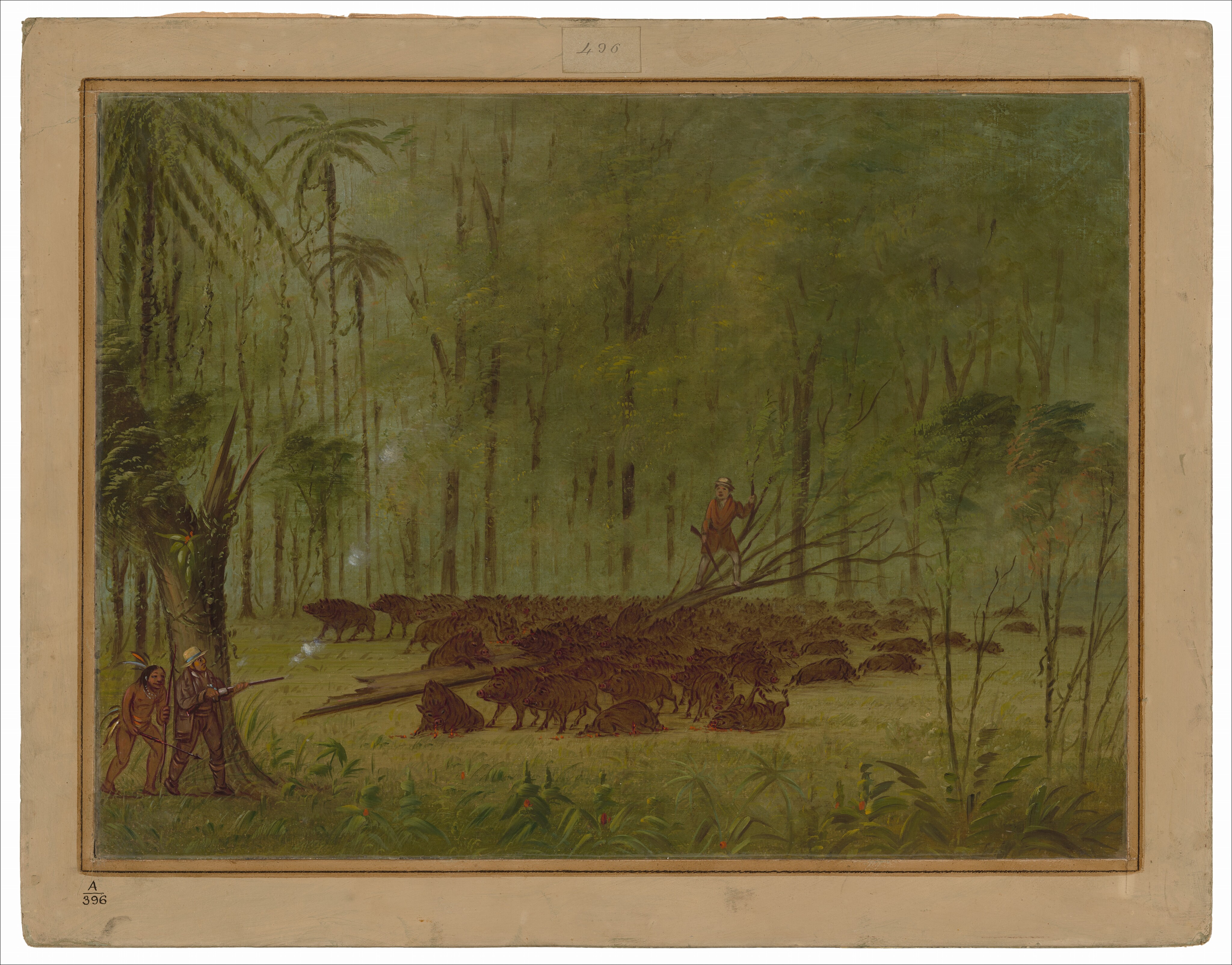The image shows a forest scene with dense greenery, trees, and wild boars moving across a glade. The painting features realistic details like leaves and tree trunks, with a color palette of greens, earth tones, and soft browns and reds. Two figures in different attire observe the scene, while another figure stands on a fallen trunk holding a spear.