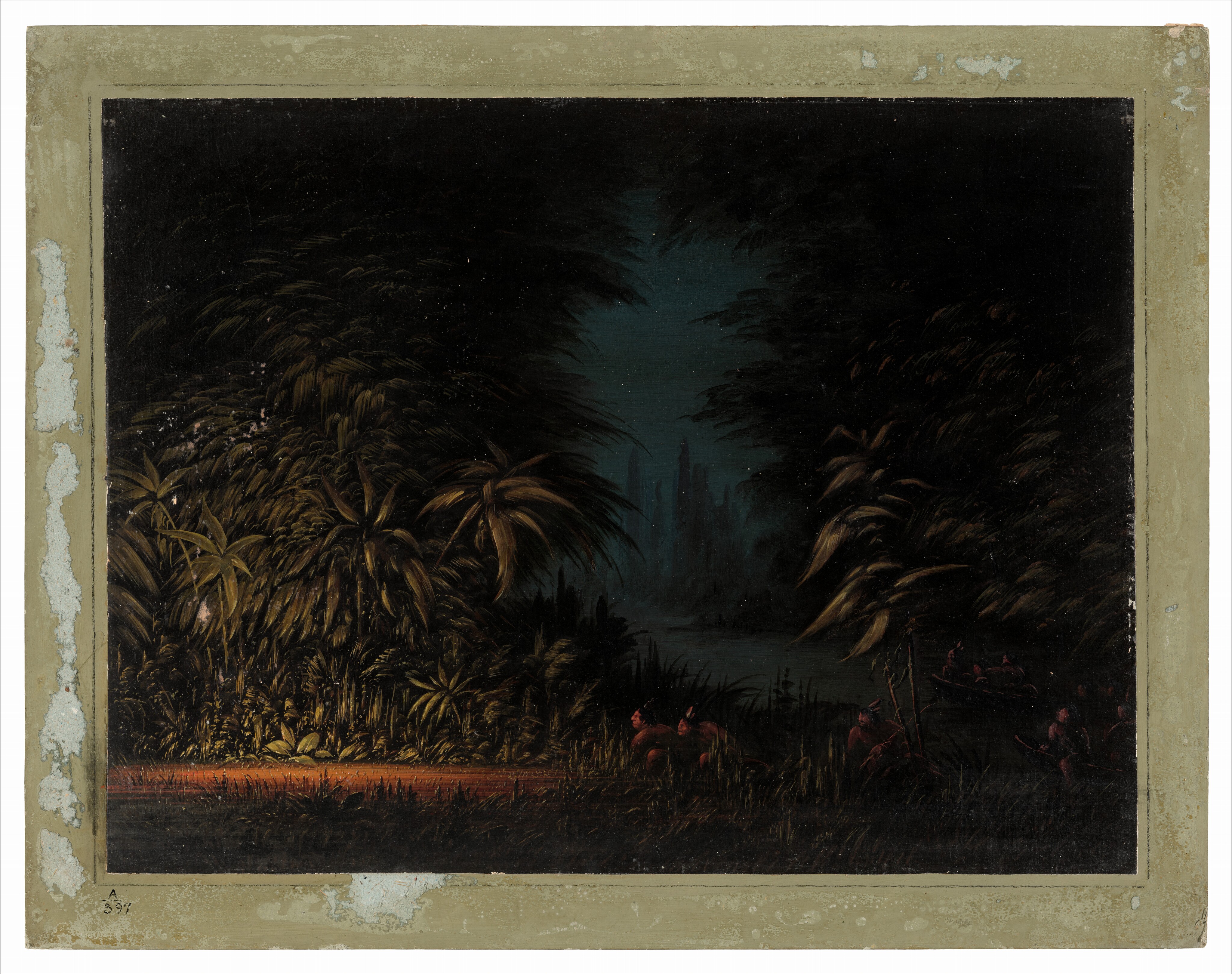 The image shows a dense jungle with an illuminated path leading through it. The horizon is faintly visible in the distance, created by trees and foliage. The dense greenery is depicted with intricate brushstrokes, enhancing the texture of the scene. The color palette consists of rich greens and browns, with highlights of orange and yellow where light hits the foreground. In the distance, cooler and darker colors like blue and gray add depth. On the right, there is a group of figures partially visible among the foliage and shadows.