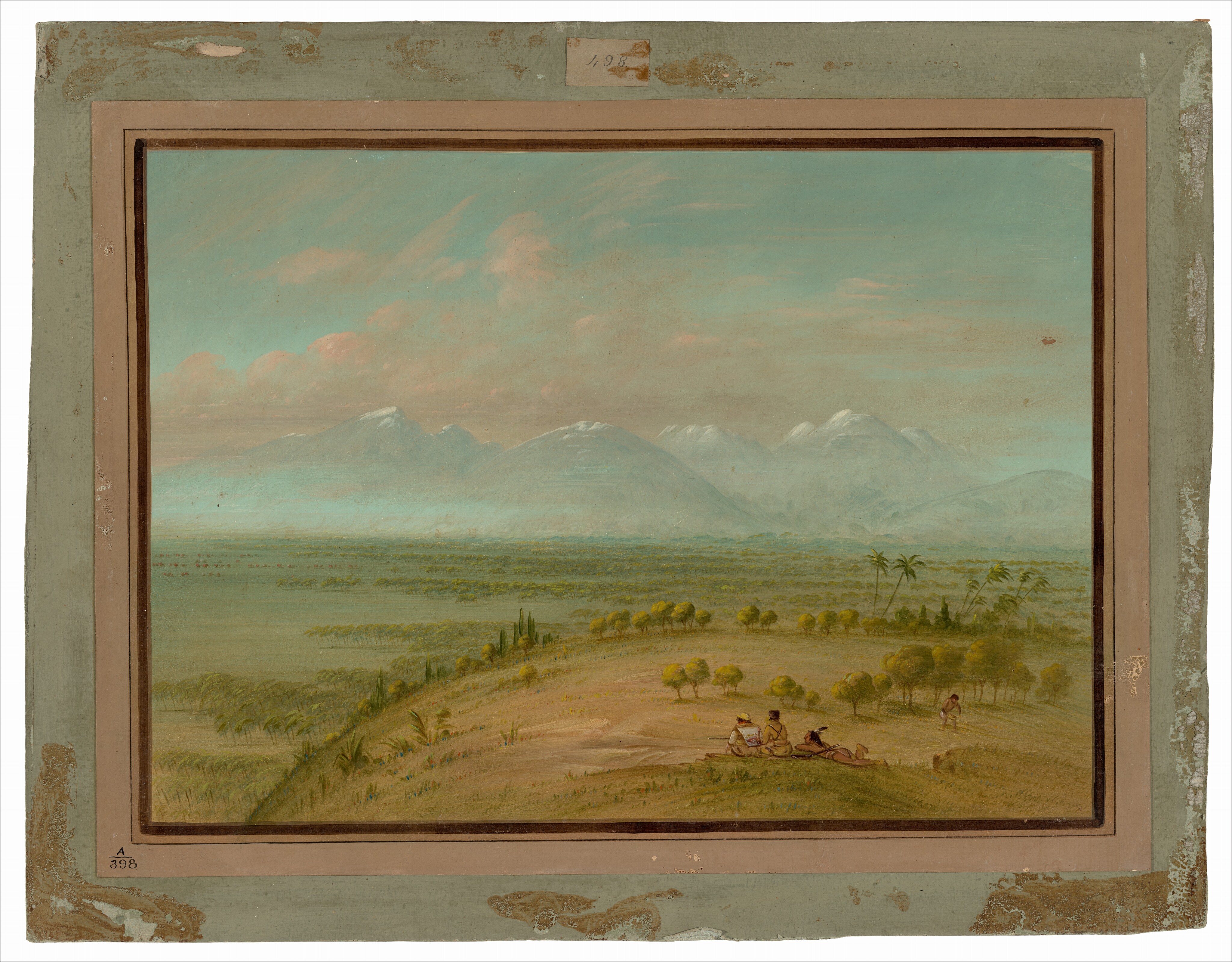 The image shows a landscape seen from an elevated perspective, with a vast expanse stretching out. The horizon is high, revealing distant mountain peaks partly covered in mist. There are smooth brushstrokes depicting a lush scenery with rich earth tones and green hues for hills and trees, while the sky is blue with soft pink and white clouds. Figures are gathered on a hill slope, with sparse vegetation around them. Trees spread out in clusters leading to misty mountains in the distance. The scene conveys a sense of tranquility and space in nature.
