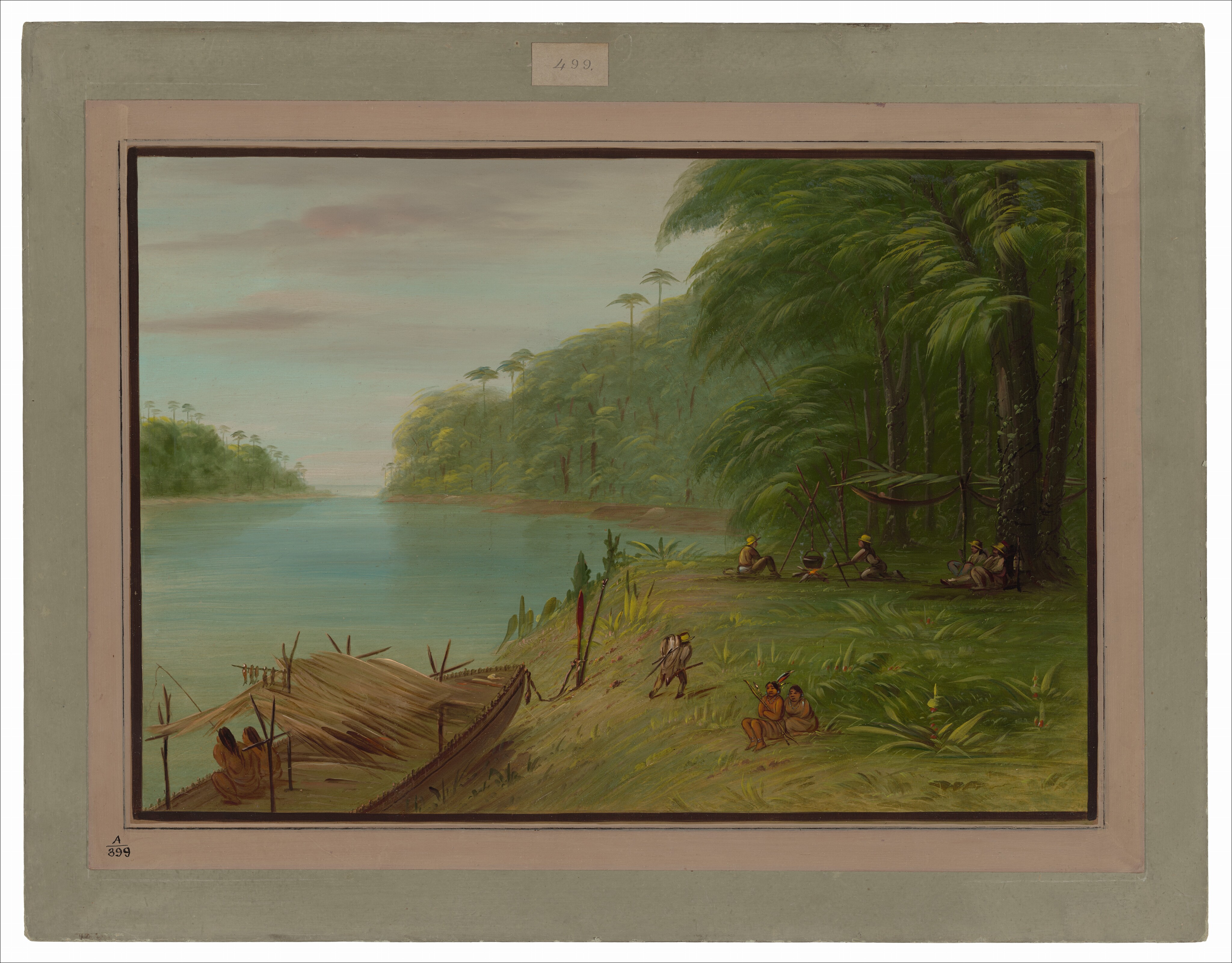 The image depicts a serene landscape with a body of water in the distance. A lush rainforest is on the right, and a small encampment with people is closer to the viewer. The scene is detailed with subtle brushstrokes and a color palette dominated by greens and earthy tones.