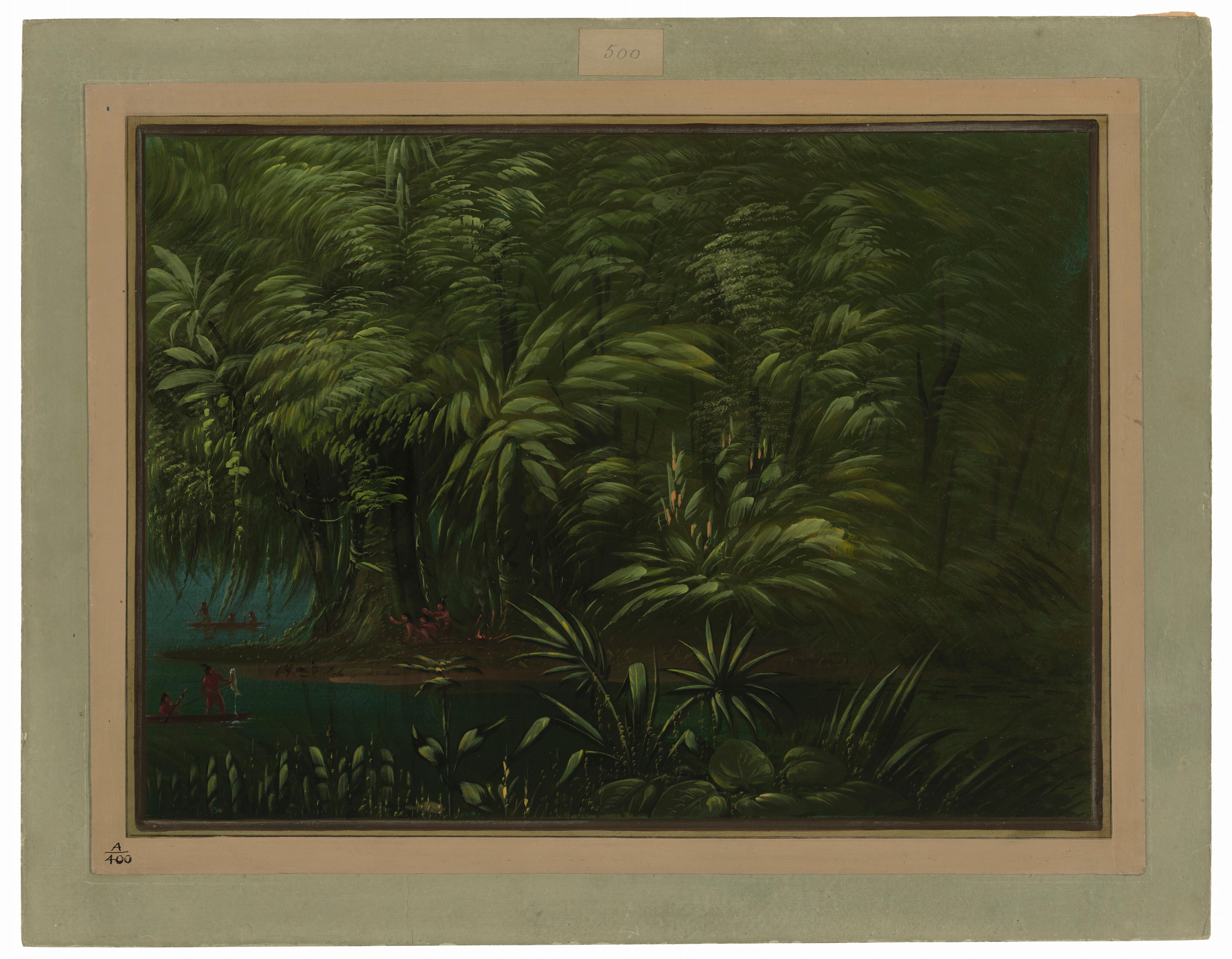 The painting depicts a lush jungle with dense foliage blocking the horizon. In the distance, a small body of water can be seen with boats carrying figures. The brushstrokes create textures depicting the tropical vegetation, using a color palette dominated by green shades with some brown and black accents, along with splashes of red and blue.