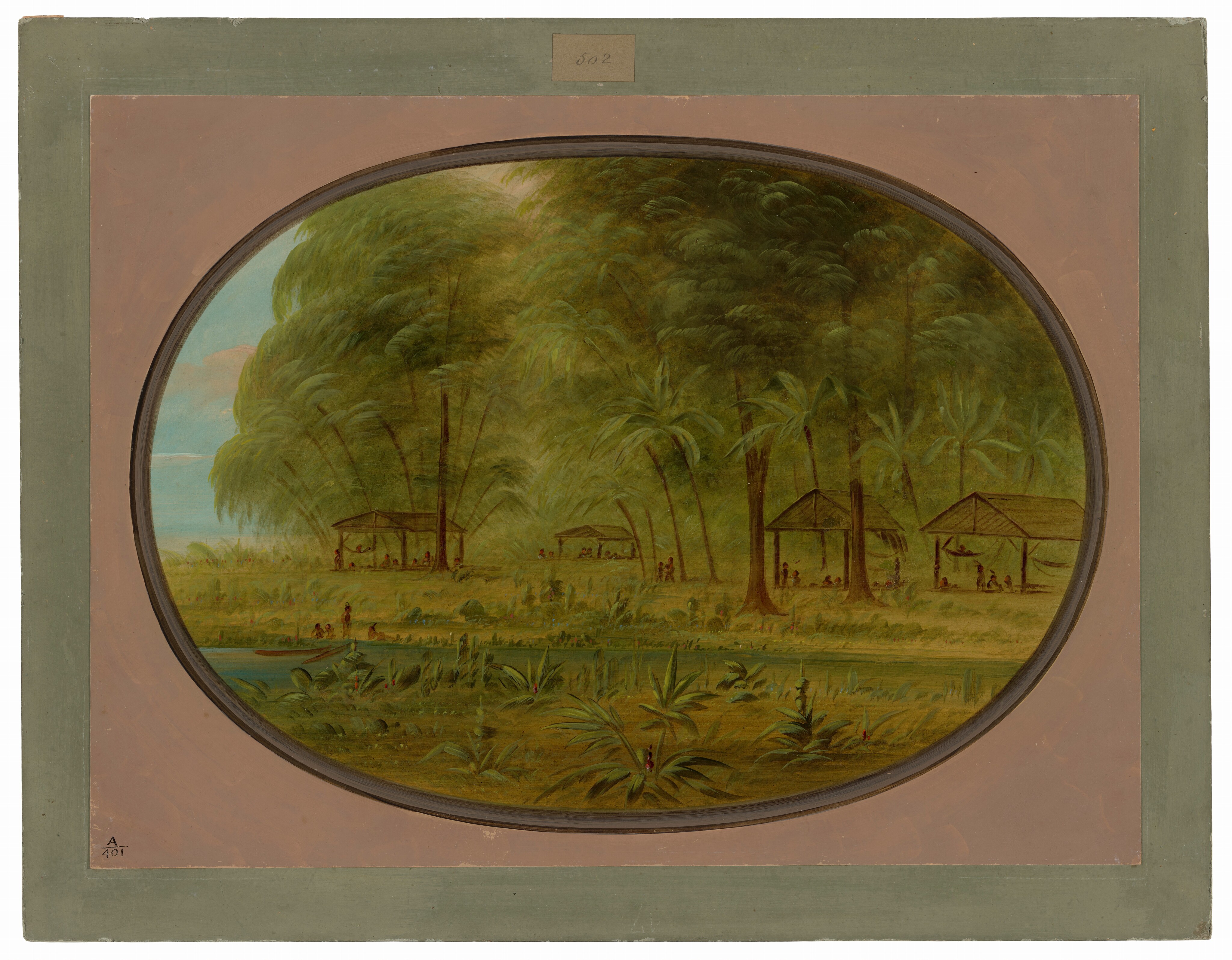 The image shows a tropical setting with lush foliage, trees, and hut-like structures. The perspective is slightly elevated, offering a comprehensive view. The painting features detailed textures and fine brushstrokes, primarily in green tones with hints of brown. In the distance, structures and figures are visible, suggesting a small community. A body of water runs parallel to the viewer, bordered by more vegetation.