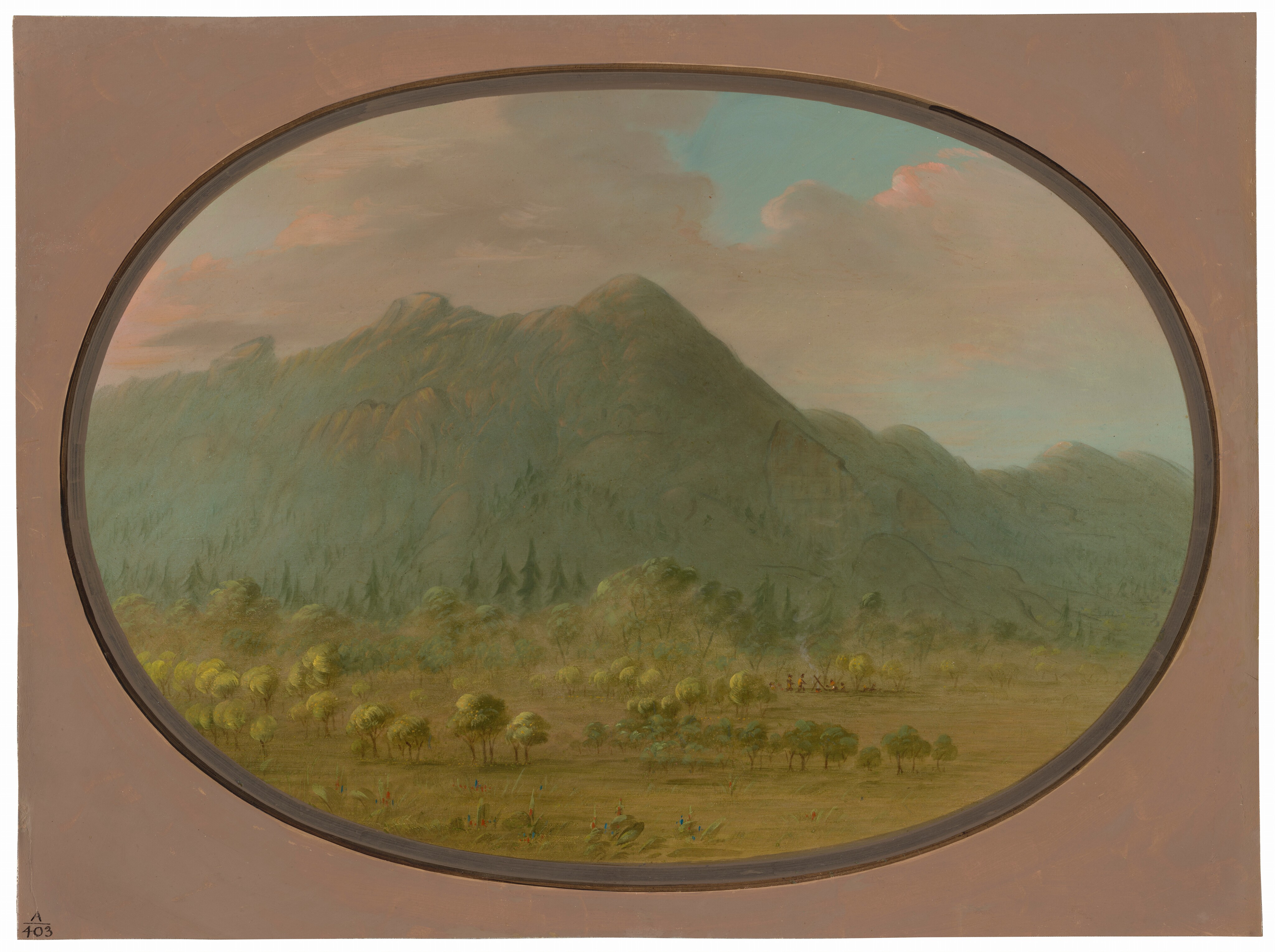 The image depicts a landscape view framed within an oval shape. In the center, there is a vast mountain range. The horizon is elevated, with mountains stretching across the midsection of the scene and blending into indistinct hills towards the right. Below the horizon, there is a lush expanse of trees with a group of figures gathered around a fire in the lower right. The sky above transitions from light blue to muted gray with a touch of pink. The overall color palette is dominated by earthy greens and browns with subtle highlights of pink and blue.