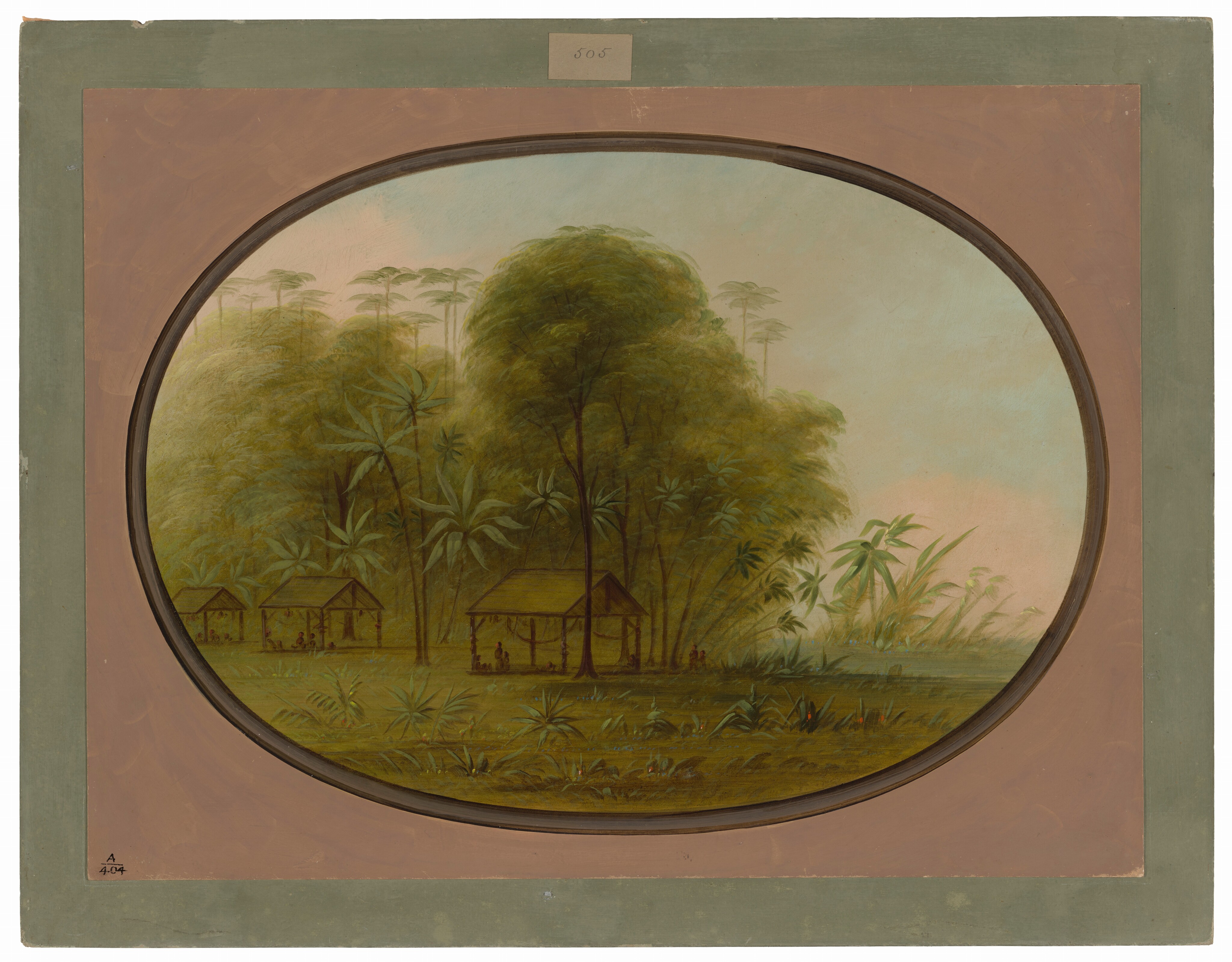 The image shows a painted scene viewed through an oval frame with a soft, muted border. The perspective places the observer at a ground level, looking onto a village setting with lush trees and tall plants in the foreground. Beyond the village, there is dense jungle foliage. Small houses with pitched roofs are visible along the horizon. The brushstrokes are delicate and precise, creating a soft, dreamlike quality in the scene. The color palette is dominated by earthy greens and browns with lighter shades suggesting an overcast sky.