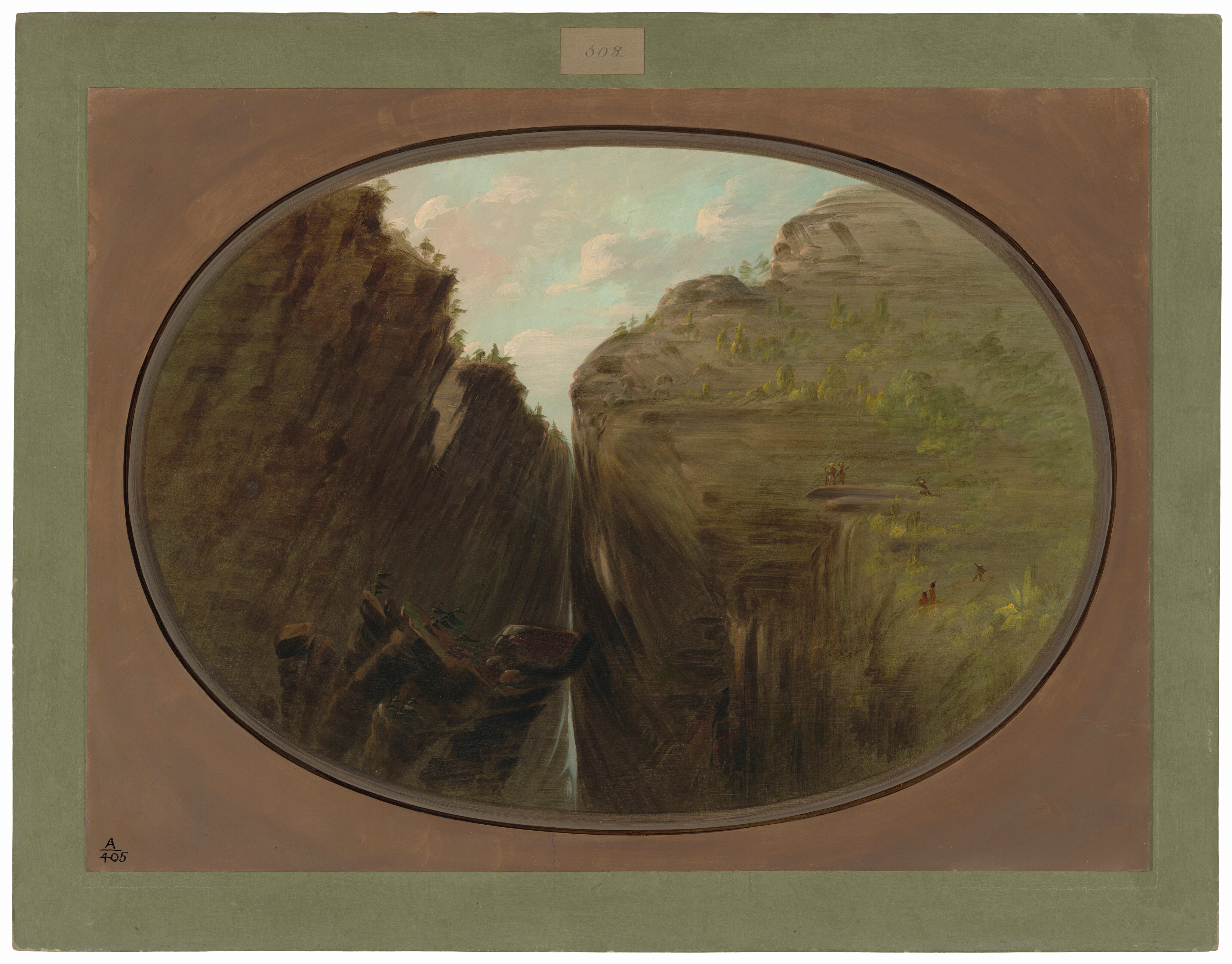 The image shows a canyon from a high vantage point. The oval-shaped canyon is framed within a square canvas. The horizon is positioned towards the upper part of the image with sky and clouds. On the horizon, there are rock formations and greenery. The right side of the image shows a cliff edge with small figures engaged in activities. The brushstrokes are fluid and subtle, particularly in the sky and rock textures, creating depth. The color palette consists of earthy tones like browns and greens for the rocks and vegetation, contrasting with the bright sky. The scene depicts an expansive and rugged terrain with a river running through it.