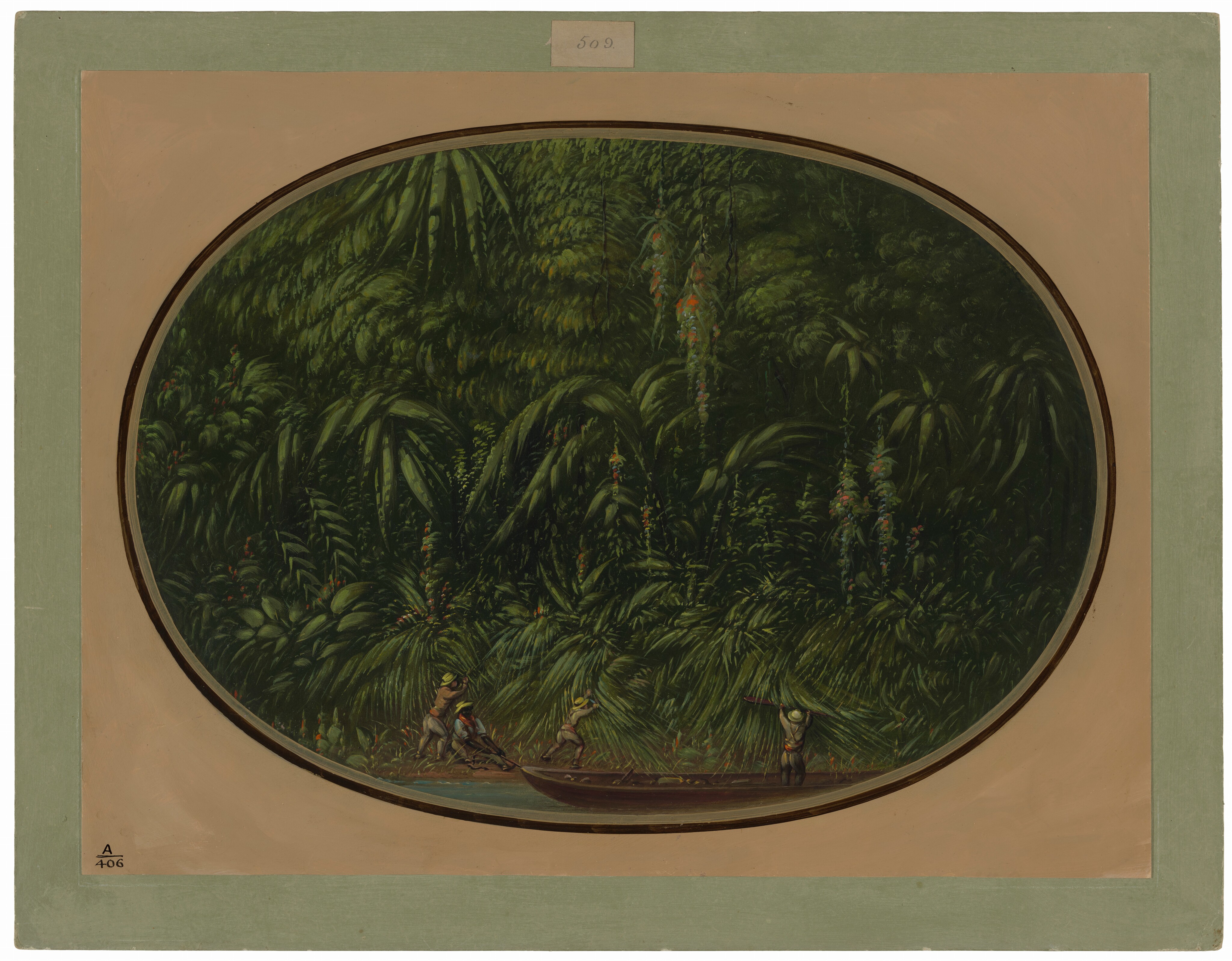 The image depicts a dense jungle scene viewed from slightly above water level. The horizon is obscured by thick greenery, including palm fronds, vines, and colorful flowers. In the foreground, a narrow canoe-like boat carries three figures: one standing in the boat and two working by the water's edge. The detailed brushwork emphasizes the leaves and foliage, creating a rich tapestry of greens with bright blossoms. The earth-toned border complements the lush wilderness depicted, drawing the viewer into the jungle.