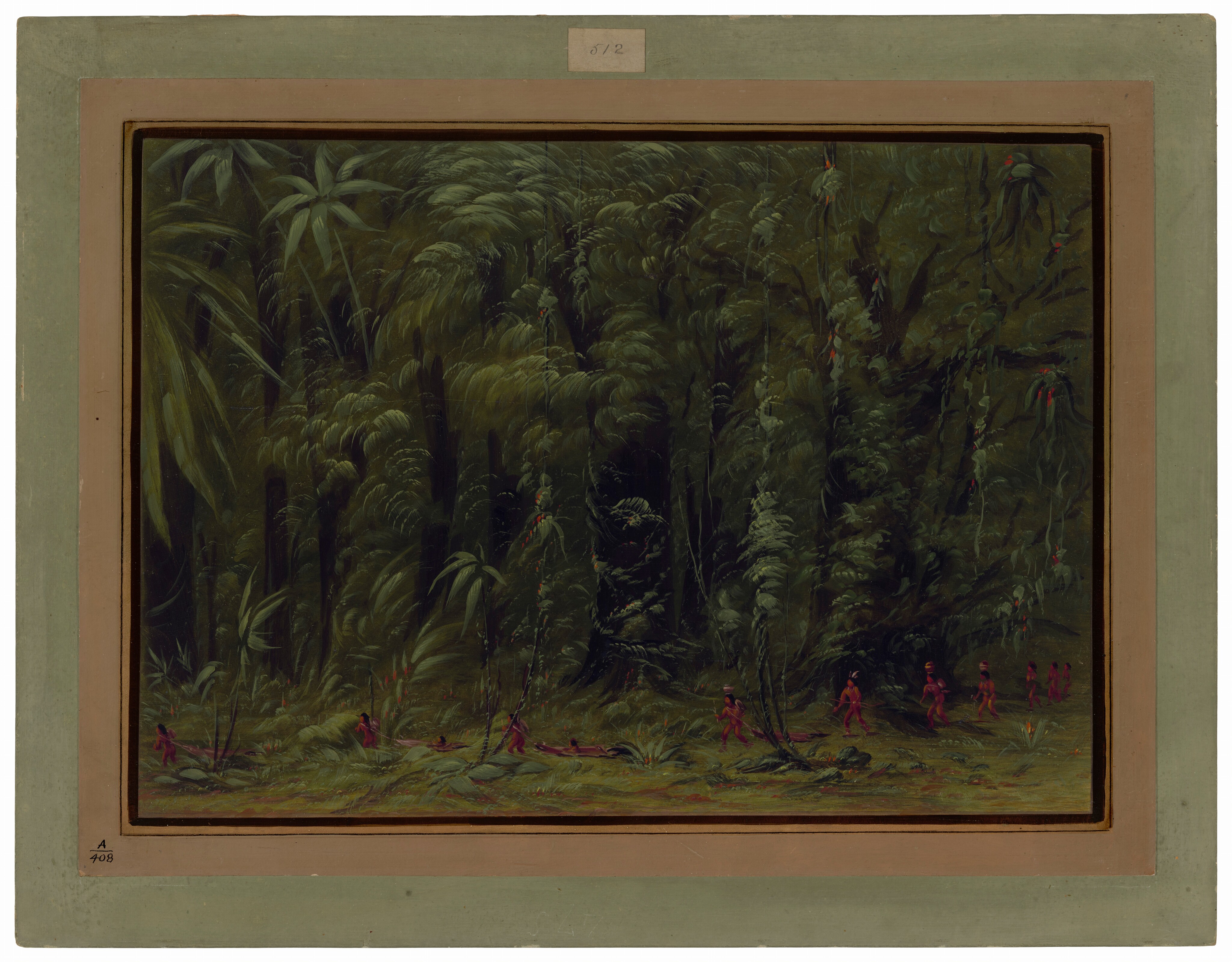 The image shows a dense jungle scene observed from a slight distance, providing a panoramic perspective. The horizon is hidden by lush tree canopies and vegetation, creating a continuous visual flow. The painting features intense brushstrokes depicting thick leaves and tall tree trunks, conveying depth in the foliage. The color palette is mainly rich greens with darker shadows, creating a dim jungle ambiance. Small figures wearing red attire are scattered throughout the scene, along with tiny flowers, adding a subtle contrast. The figures seem to be moving across the terrain, adding dynamism to the forest.