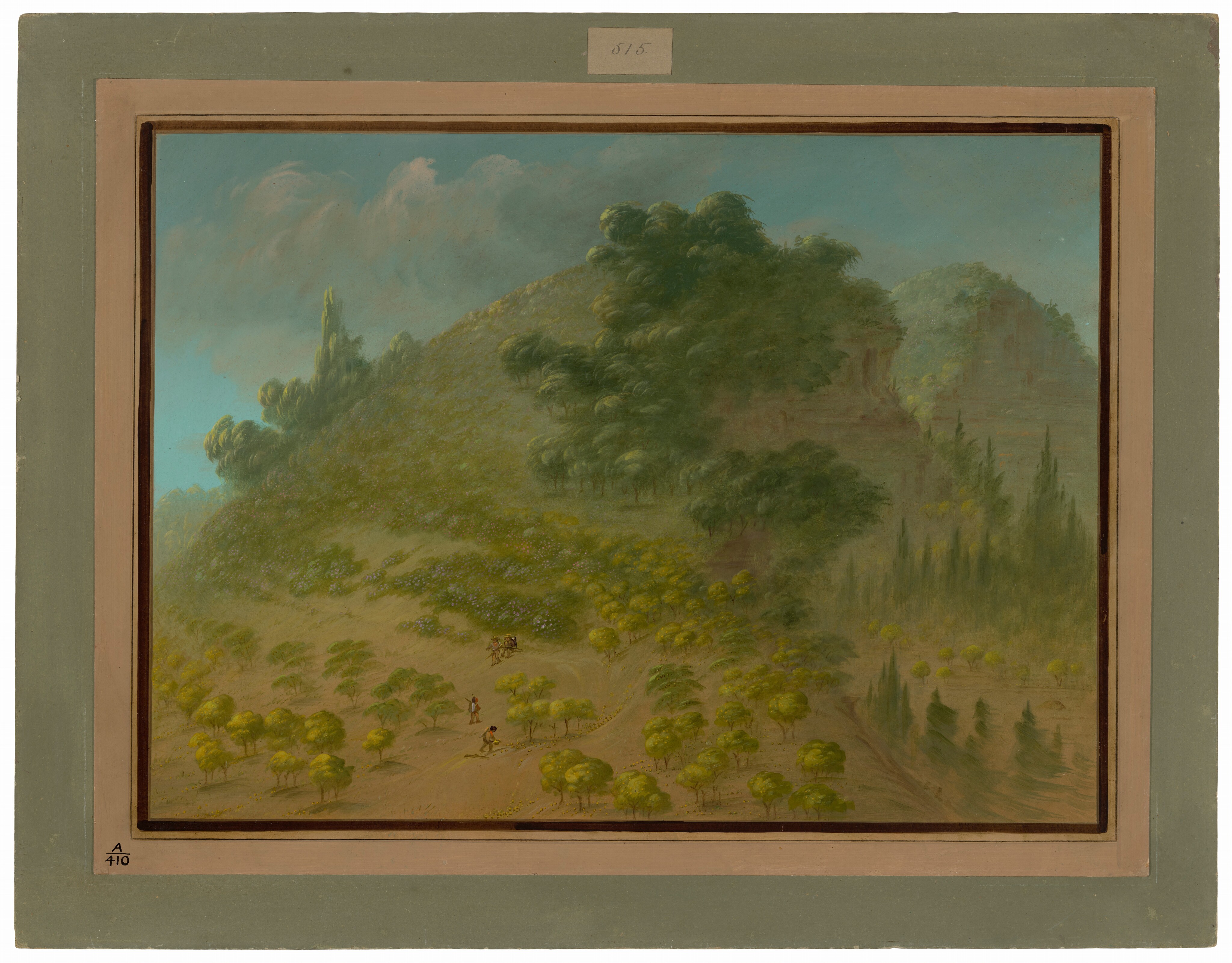 The image shows a landscape with lush greenery, rolling hills, trees, a path, and small figures. The sky is blue with wispy clouds. The painting features soft brushstrokes blending different shades of green and earth tones. The color palette includes green, earth tones, and blue.
