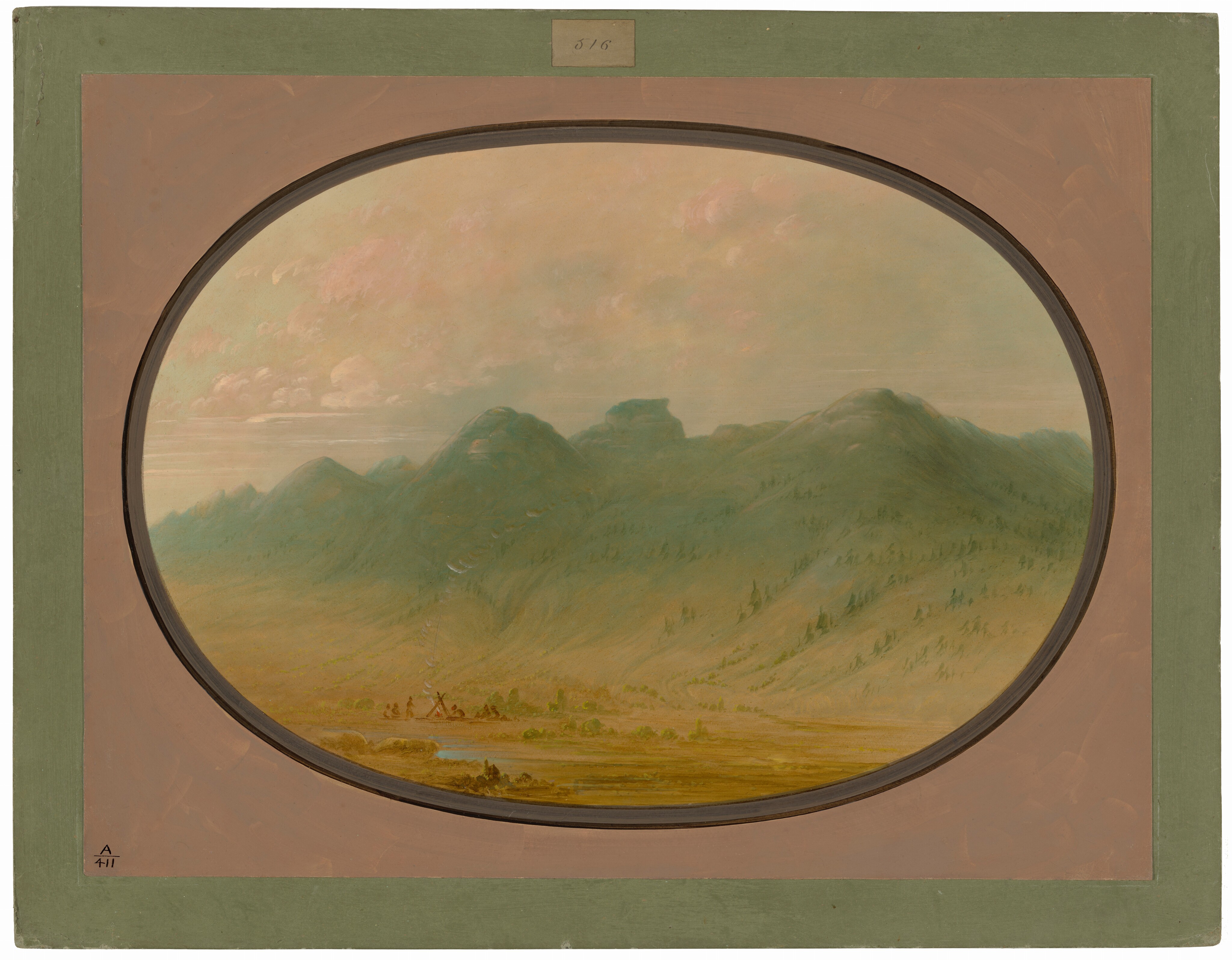 The image shows a landscape with gentle hills stretching into the distance. The horizon is positioned high in the composition with softly painted clouds above the peaks of the hills. The brushstrokes are smooth, creating a sense of tranquility. The color palette includes earthy greens and browns with pastel tones in the sky. There are structures near us, possibly tipis, partially obscured by the terrain.