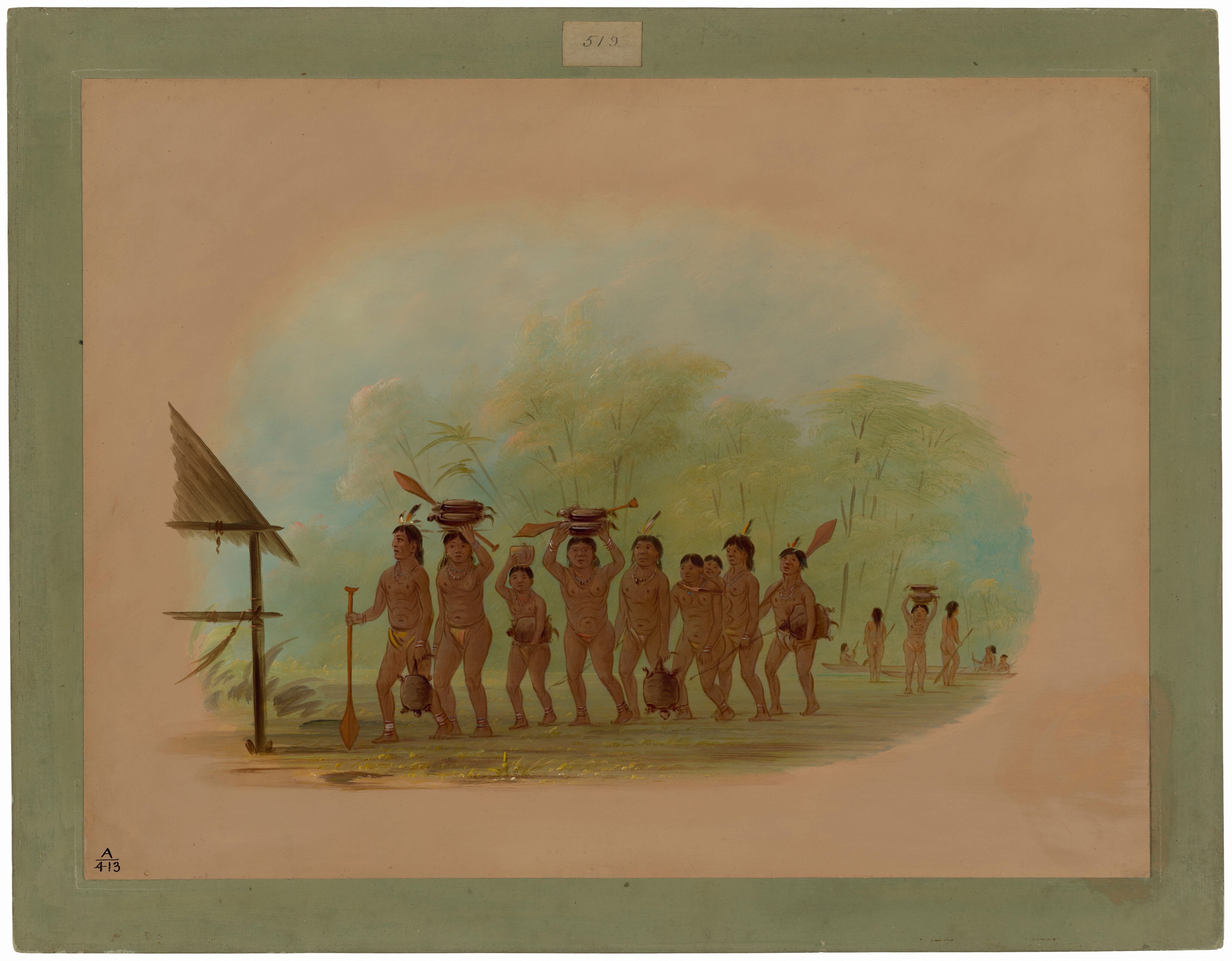The image depicts a group of people standing, with varied poses. They have distinct facial features, dark hair with feathers, minimal clothing, and ornaments. Some hold objects like a paddle or a spear. Some balance baskets or pots on their heads. In the foreground is a wooden structure with a thatched roof. The background has lush green foliage, and additional figures can be seen in the distance.