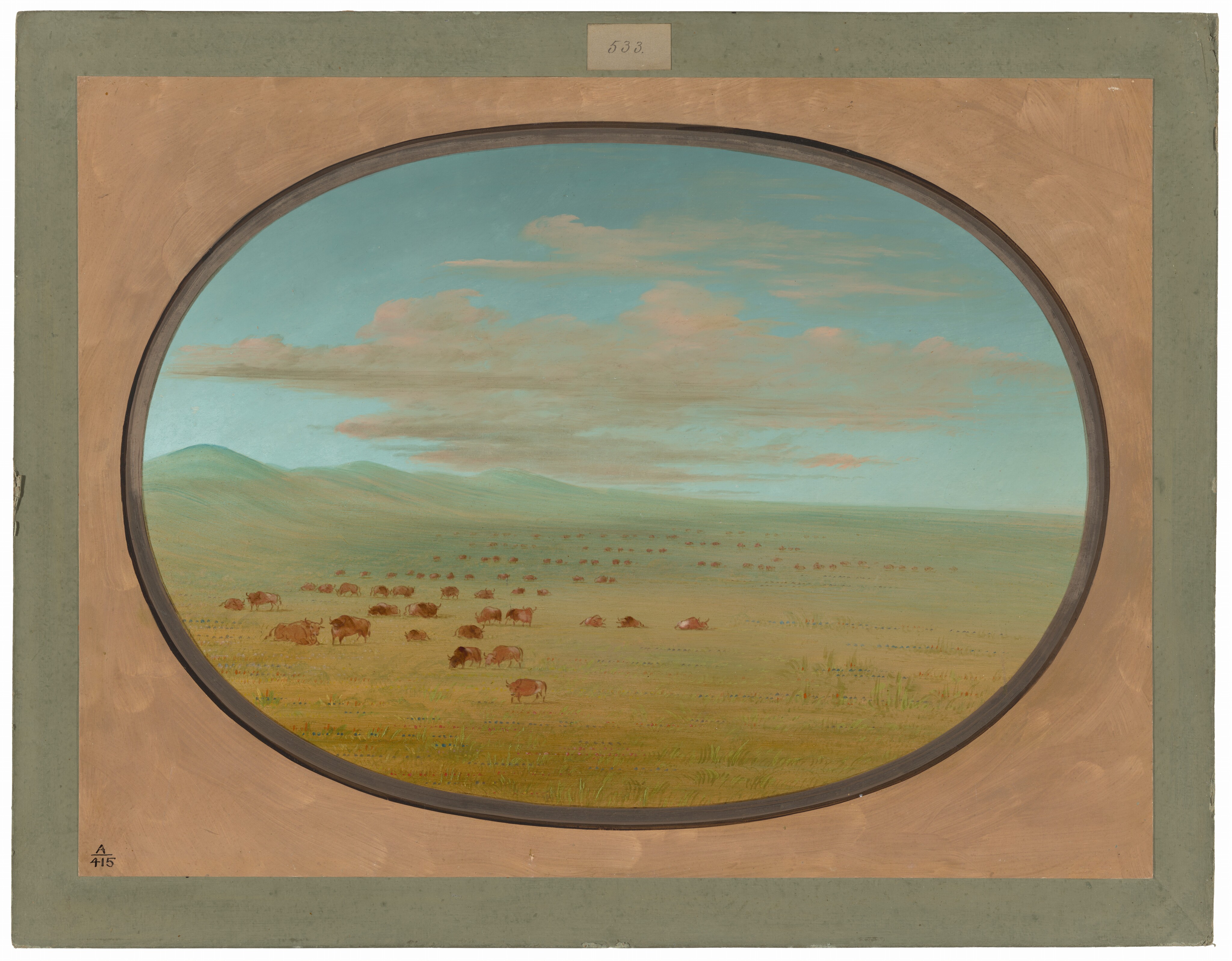 The image shows a landscape view from an elevated position, looking over a wide plains area. The horizon is low, meeting a range of hills in the distance. The terrain and animals are detailed with realistic brushstrokes in earthy tones. The sky is blue with pink and gray clouds, creating a serene atmosphere.