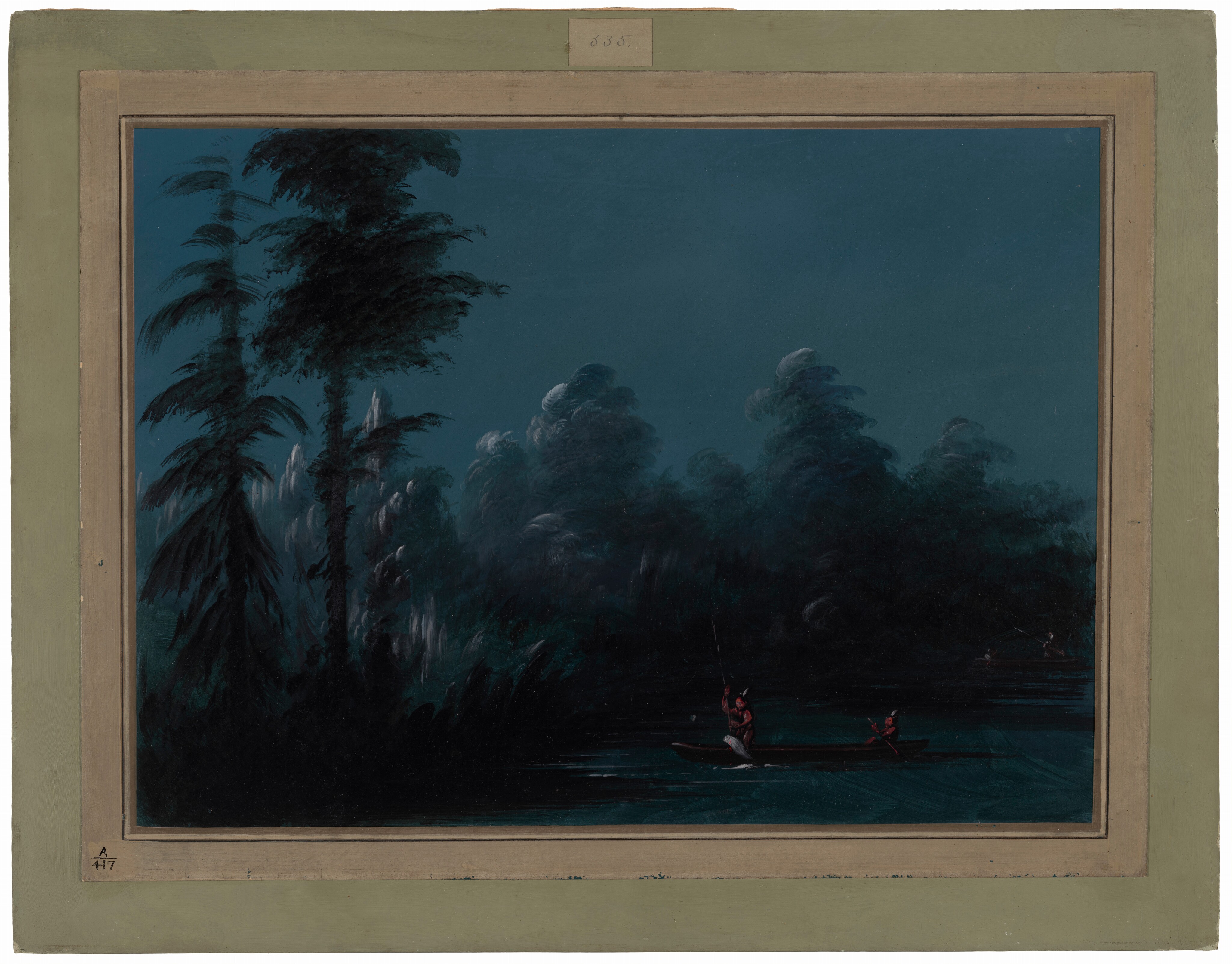 The image shows a waterscape with indigenous individuals in a canoe. The scene features dense foliage, tall trees, smooth brushstrokes, deep blues and greens, and a reflective water surface.