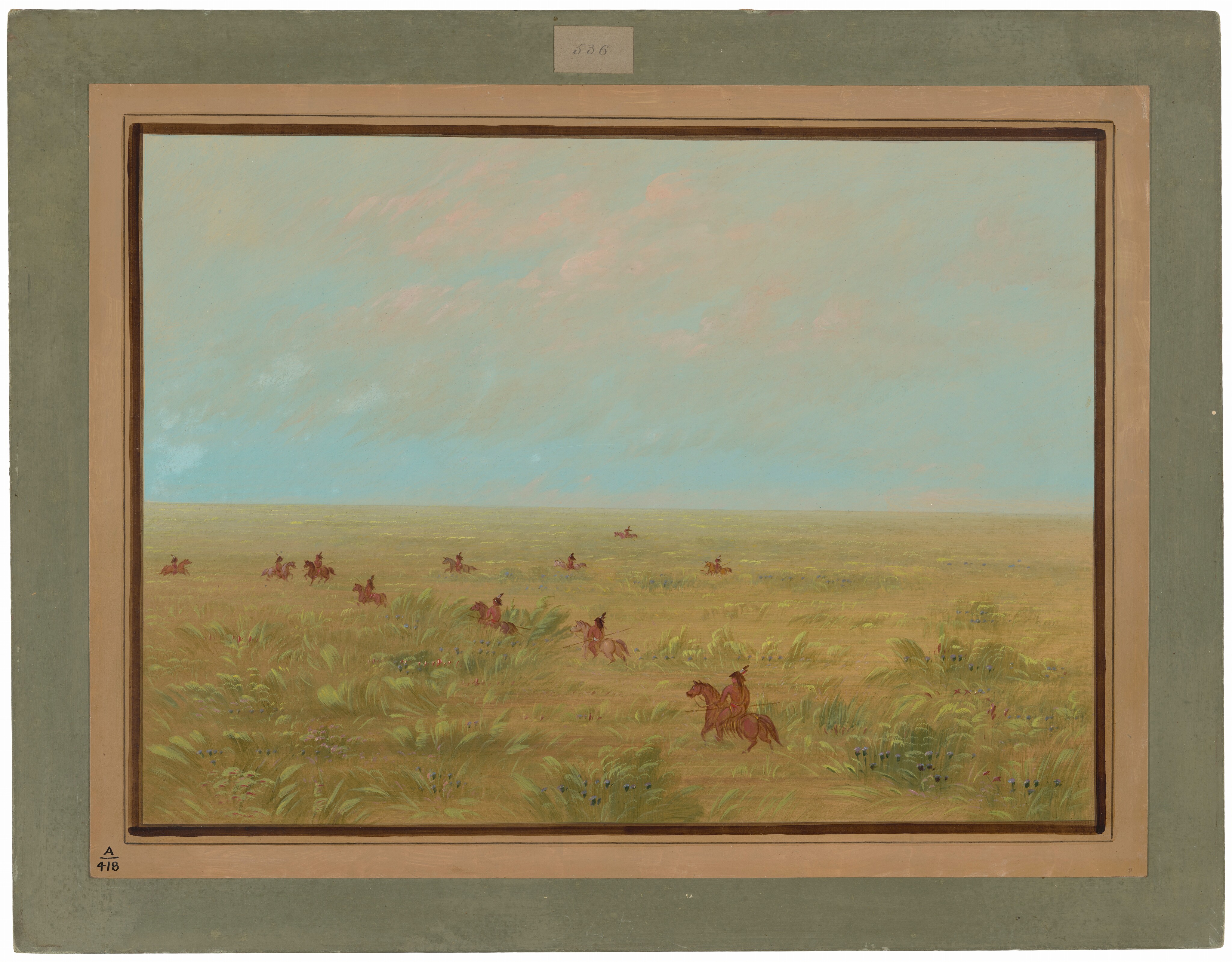 The image displays a landscape with a high horizon line, showcasing a grassy plain under a soft sky. Figures on horseback are dispersed across the scene, with fluid brushstrokes depicting movement in the grass and sky. The color palette is mainly earth tones, greens, rust, and ochre, set against a pale blue sky.