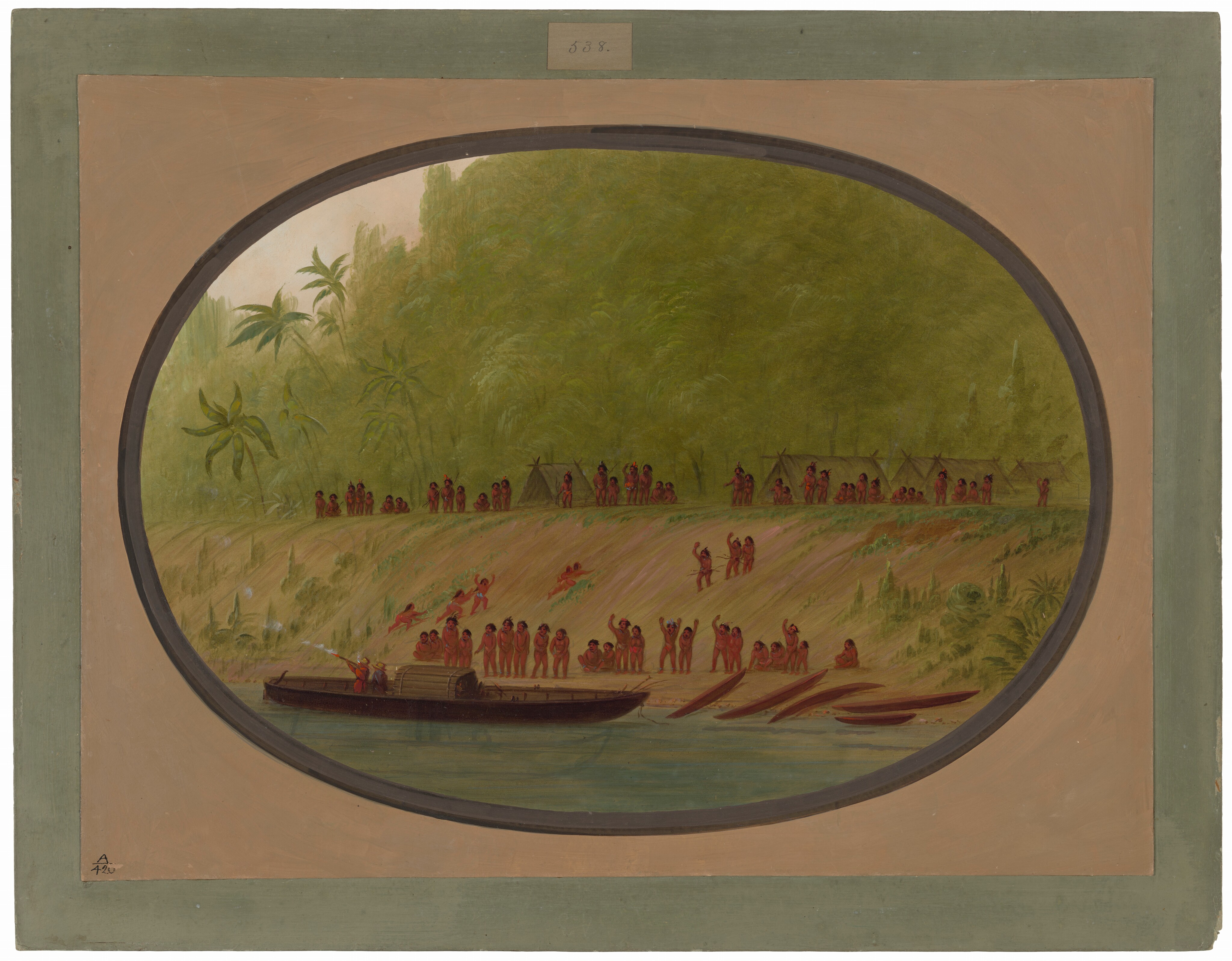 The image shows a river flowing through a dense jungle. A boat with a thatched roof is on the water, near a riverbank where people in red clothing are gathered, some on the boat and some on the shore. The scene includes makeshift structures along the sloping bank. The brushstrokes are deliberate, with naturalistic details in the foliage and stylized figures. The color palette is earthy with pops of red.