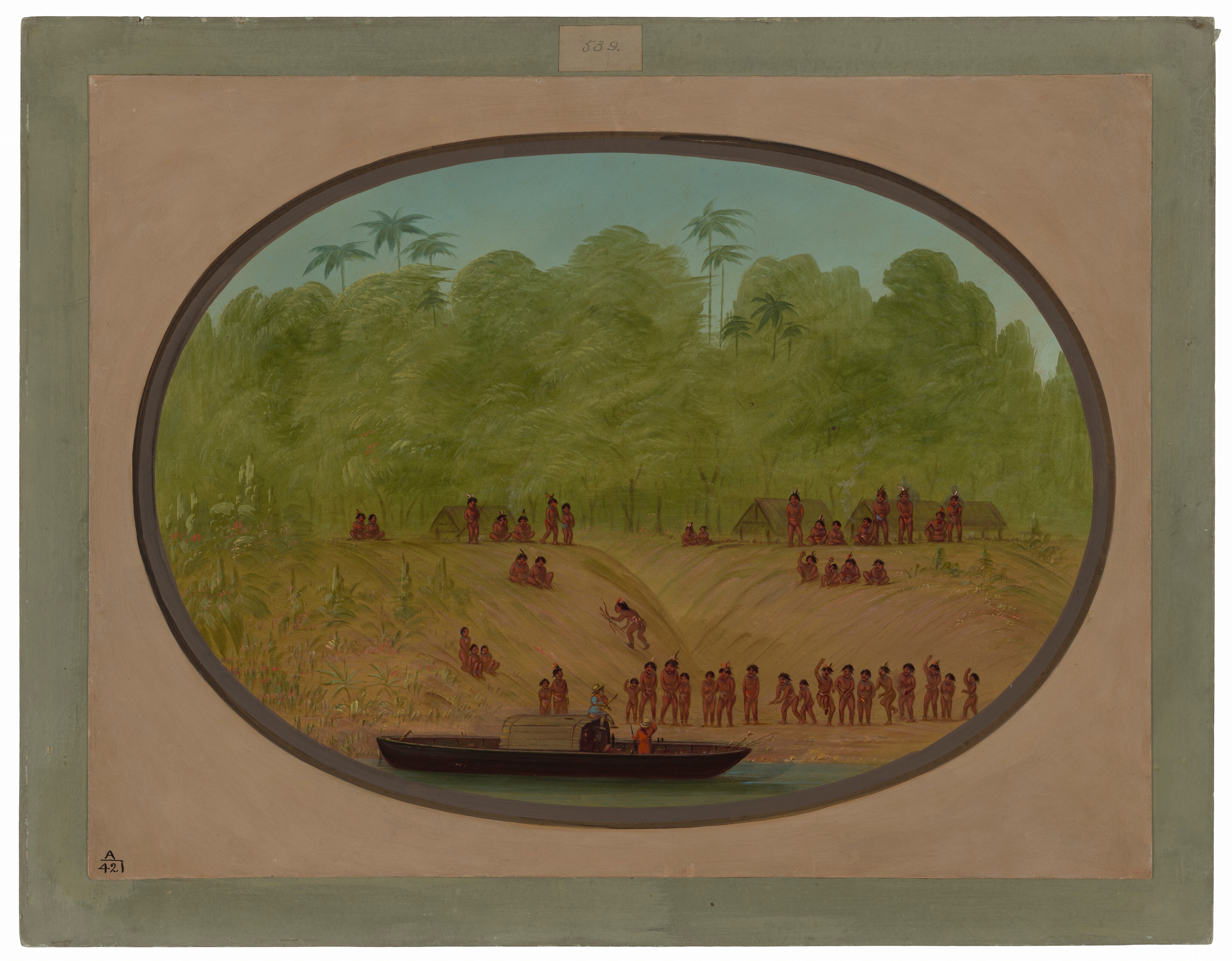 The image shows a riverbank scene with a canoe on the water and various figures gathered on the bank. Small figures are engaged in different activities, surrounded by a forest in the background. The painting is detailed with smooth brushstrokes, primarily using earthy and natural tones. The artwork is enclosed in an oval frame.
