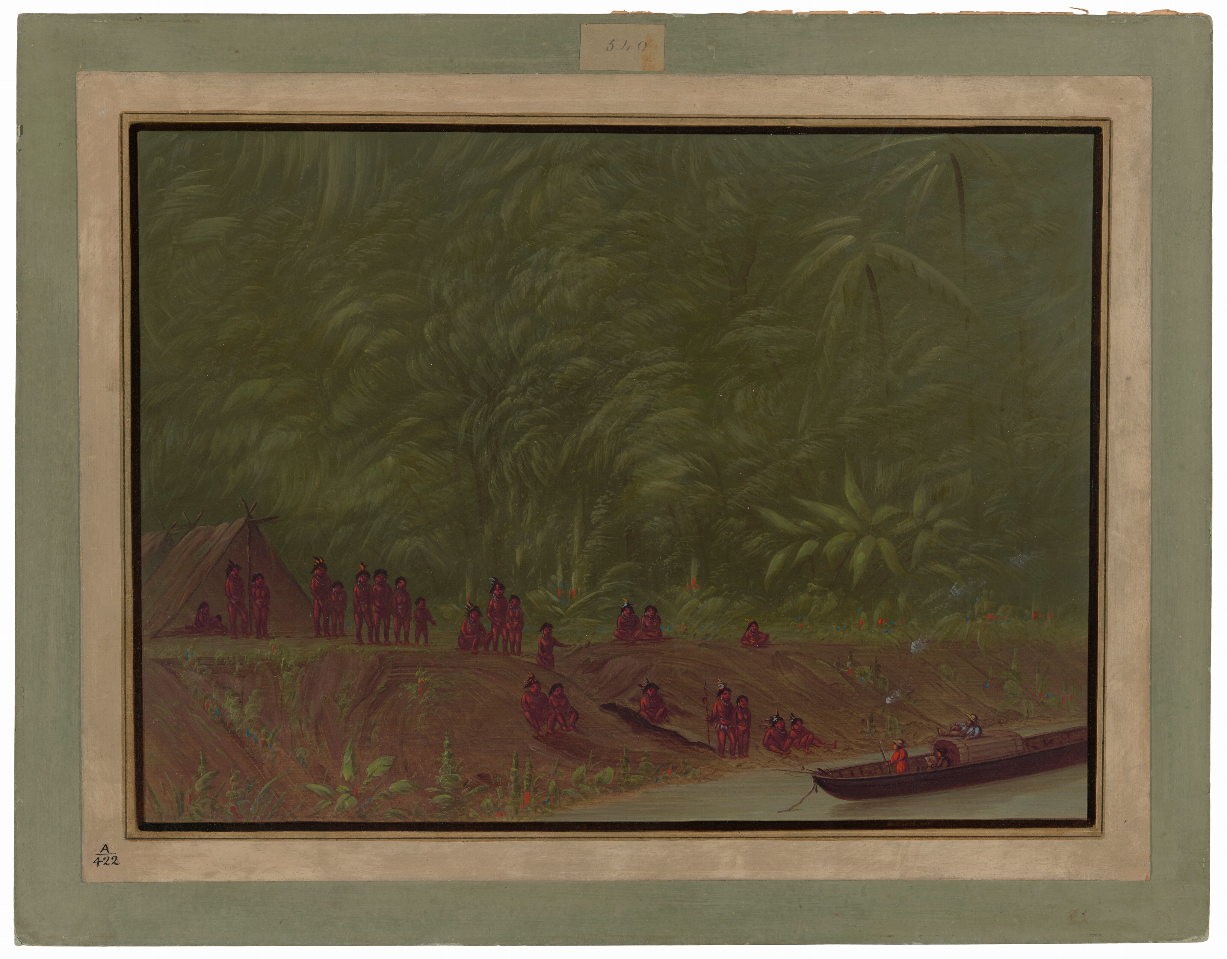 The image depicts a group of people engaged in various activities near a riverbank. The scene is viewed from a slightly elevated angle, showing lush rainforest vegetation dominating the upper part of the scene. A cluster of tent-like structures is positioned to the left, with people around them. Smooth and detailed brushwork captures the dense foliage and the color palette is mainly rich greens with accents of earth tones. A canoe with figures is visible on the river to the right.