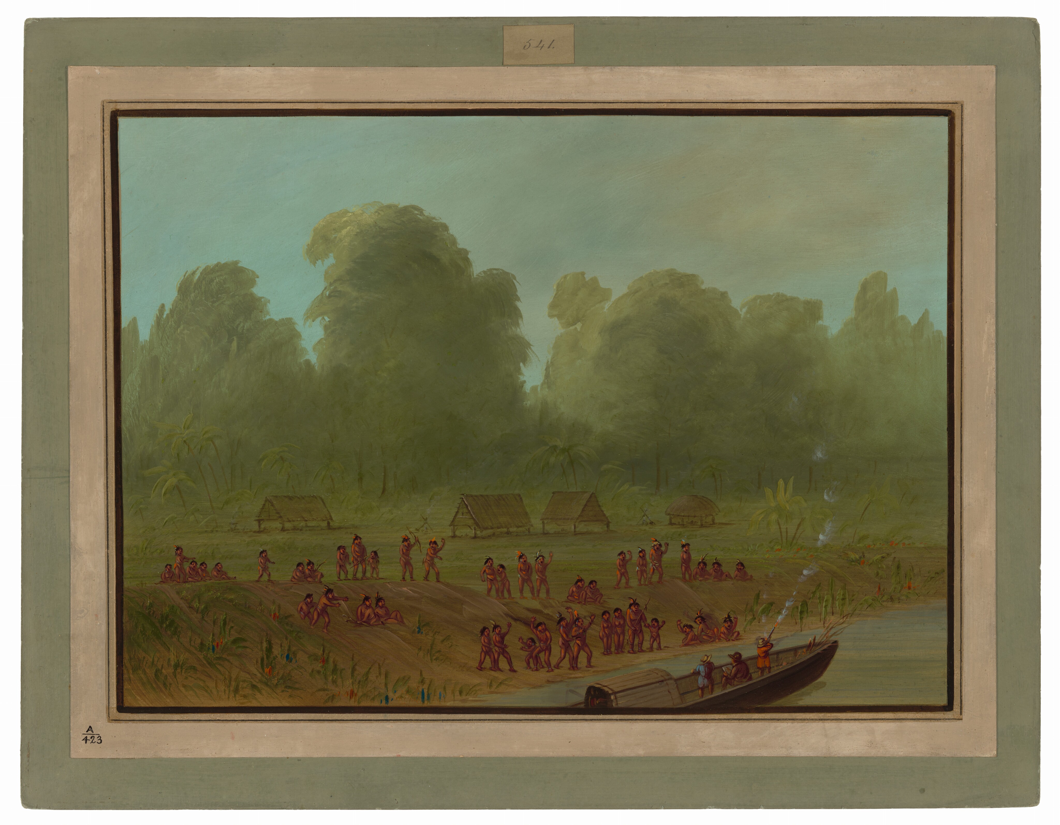 The image shows a scene along the bank of a river. A long boat is near the water's edge with individuals onboard, with smoke rising from it. Other figures are on a grassy area, possibly gathering or at an event. In the distance, there is a settlement with huts among greenery. The horizon has tall trees against a blue sky. The brushstrokes are detailed, showing clear figures and landscape. The color palette includes greens, browns, and blue, creating a harmonious natural scene.