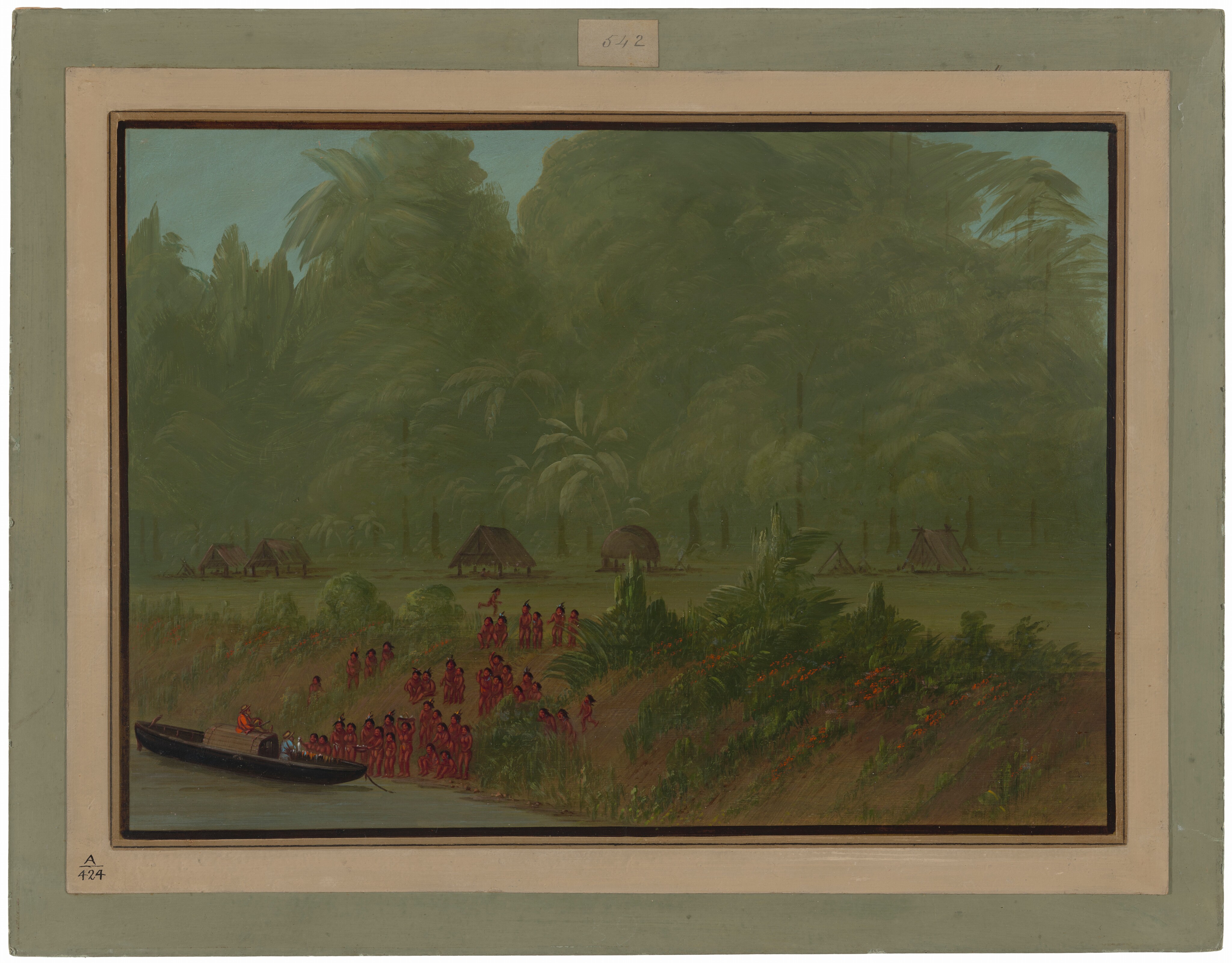 The image shows a landscape with a river, a boat with people on it, individuals in red attire on the riverbank, huts on a grassy clearing, and a dense jungle with towering palms in the background. The color palette consists of green shades, red garments, and a blue sky.