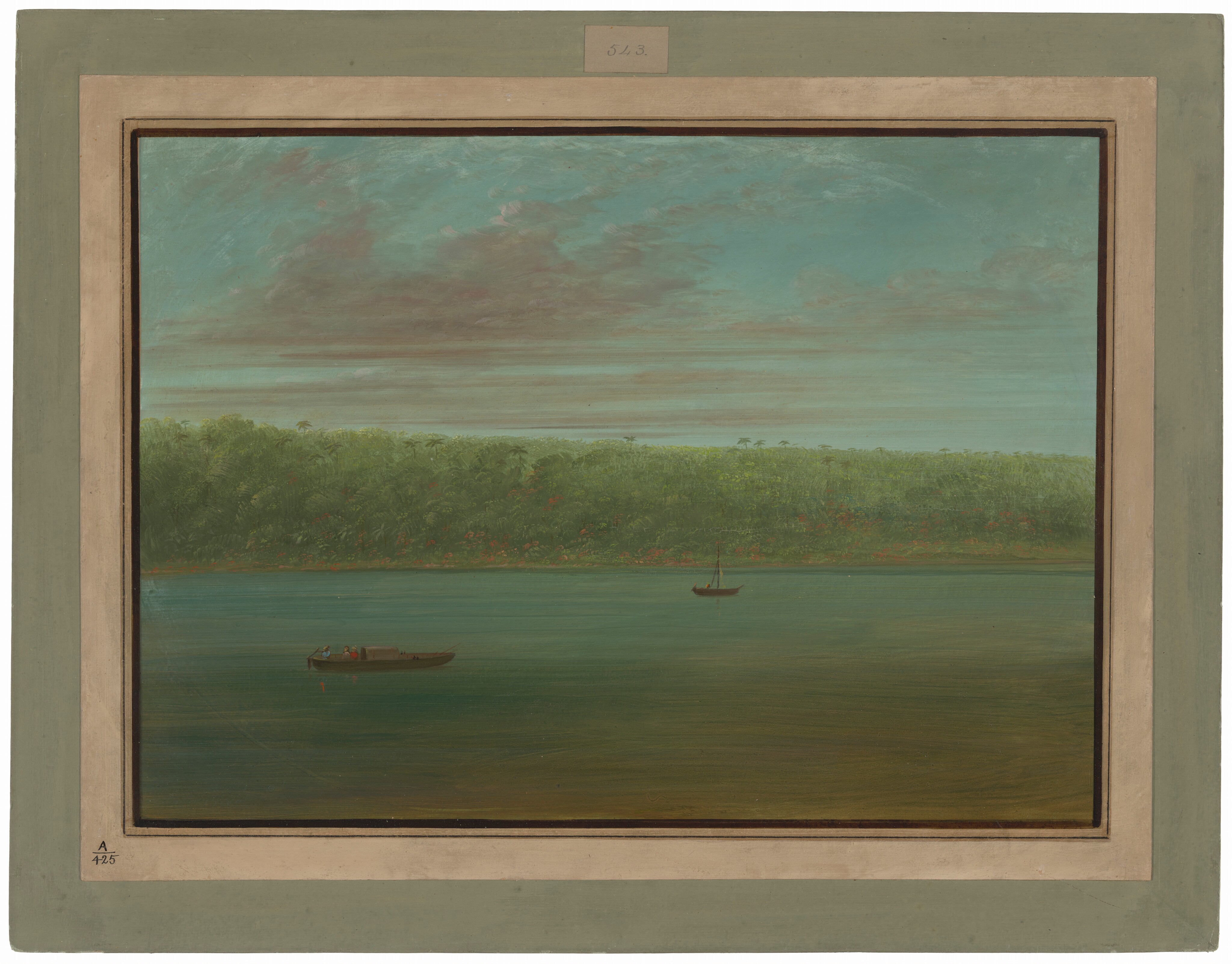 The image shows a body of water with a dense line of green foliage along the horizon. There are two boats on the water, one closer and bigger than the other. The brushwork is smooth, depicting land, sky, and water realistically. The color palette includes blues, greens, earth tones, and some muted reds. The sky displays light cloud formations.