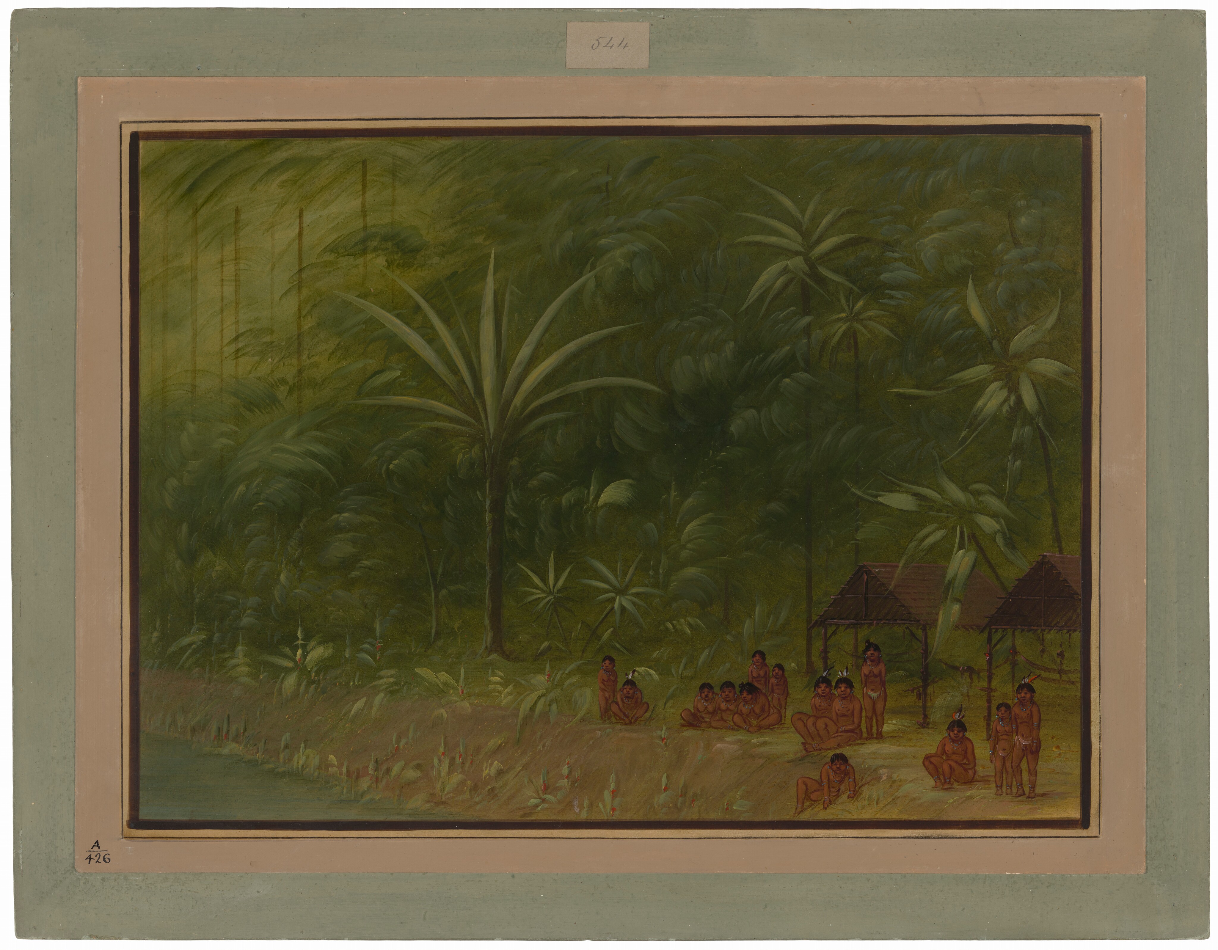 The painting depicts a view of a dense green landscape with tall trees, large plants, and two rustic huts with thatched roofs nestled among the vegetation. In the foreground, a group of people is gathered, depicted with dark tones that contrast against the verdant surroundings. The color palette consists of various shades of green, with hints of earthy browns. The brushstrokes are smooth and blended, creating a realistic portrayal of the foliage and adding depth to the scene.