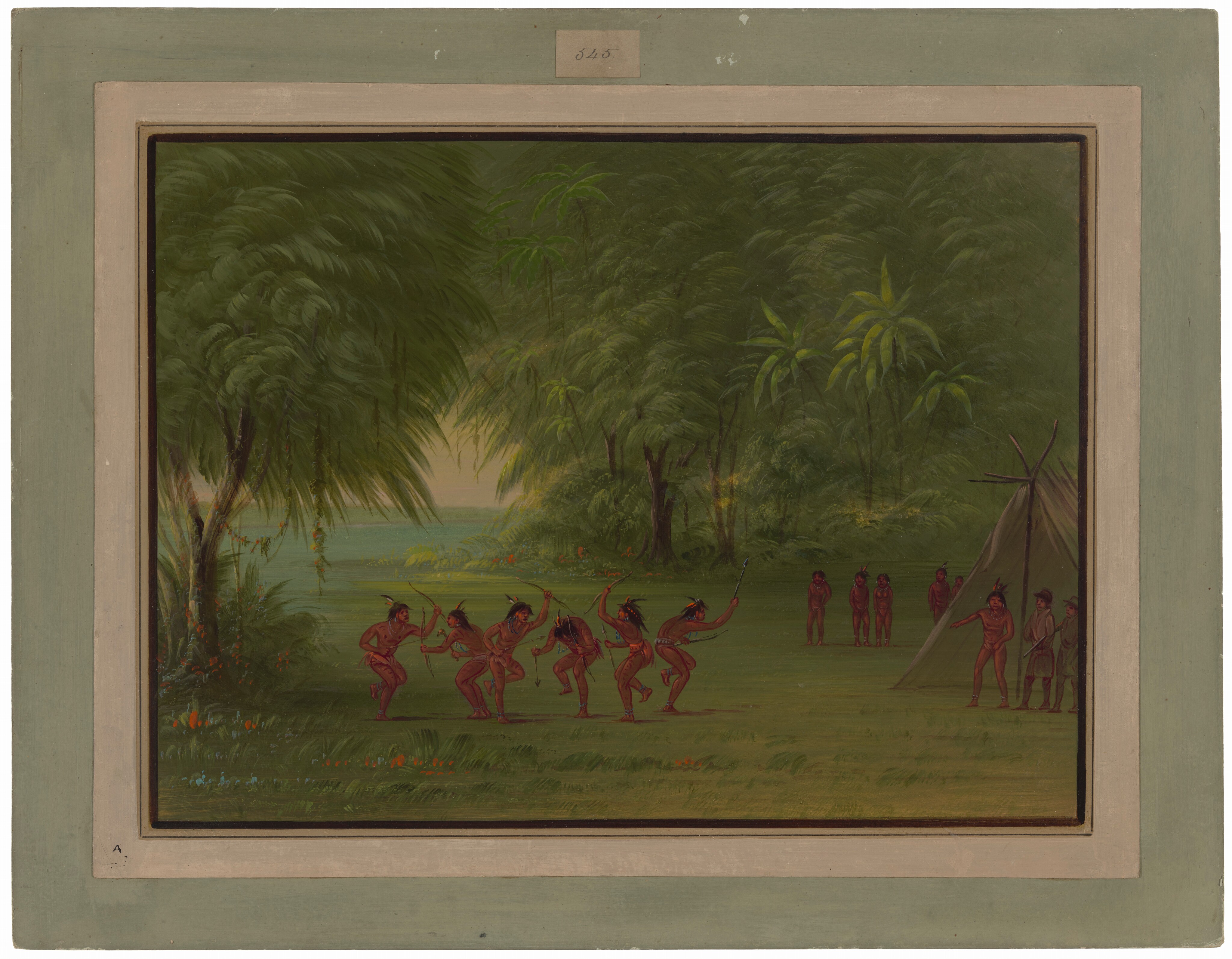 This is a painting of a forest scene with dancers and a tent. Figures are dancing in the foreground on green grass, with each figure positioned expressively. More figures are gathered near a tent, and in the background, dense trees fill the scene. A serene body of water is visible through the clearing, surrounded by greenery.