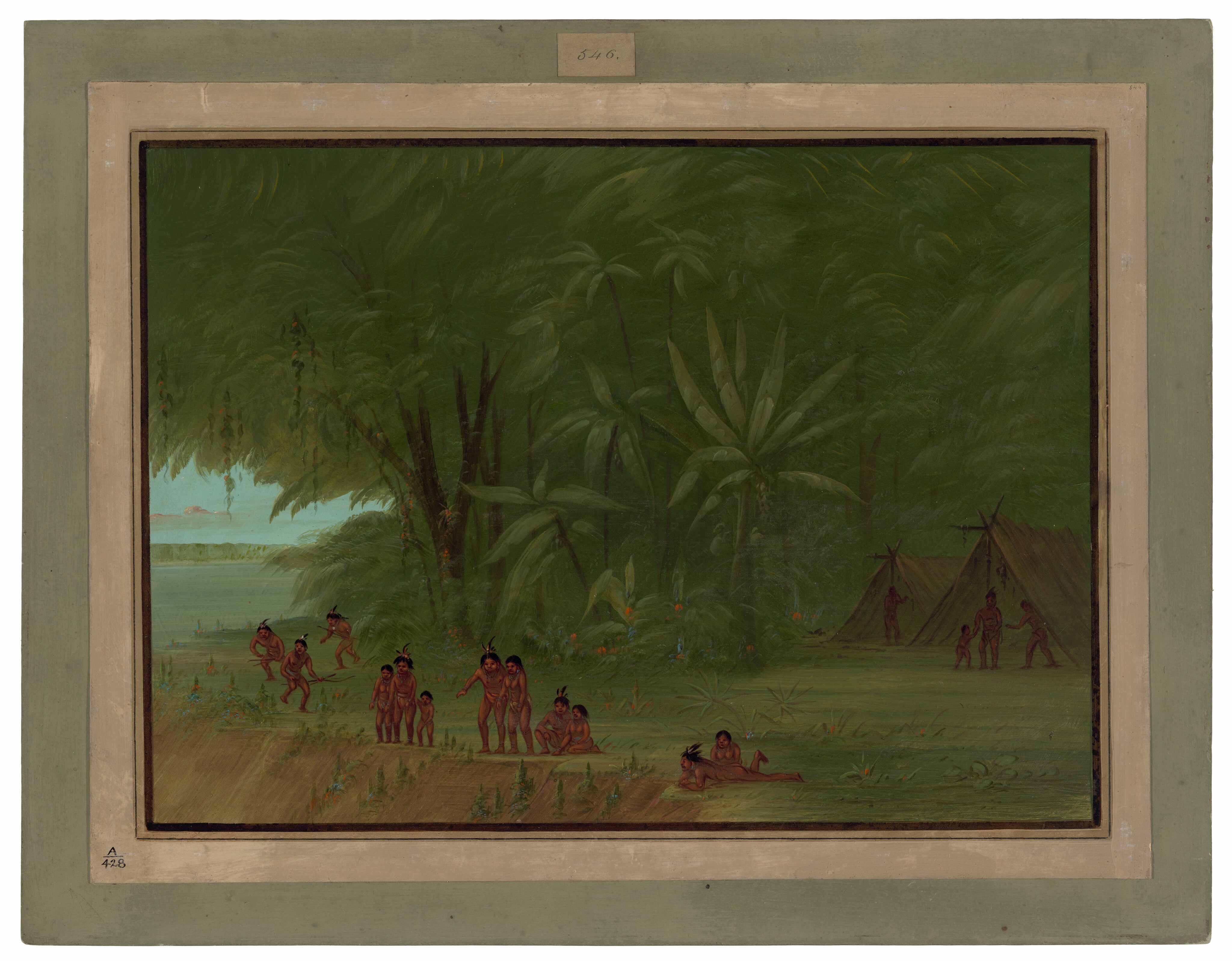 The image shows a dense forest with a lush and verdant landscape. The horizon is partially obscured by the trees, and a body of water is visible on the left. The brushstrokes are meticulous, detailing the foliage and figures in the scene. The color palette is mainly rich greens with earth tones for the huts and skin tones. People, possibly indigenous, are engaged in various activities, surrounded by huts nestled in the forest. Thick borders frame the scene.
