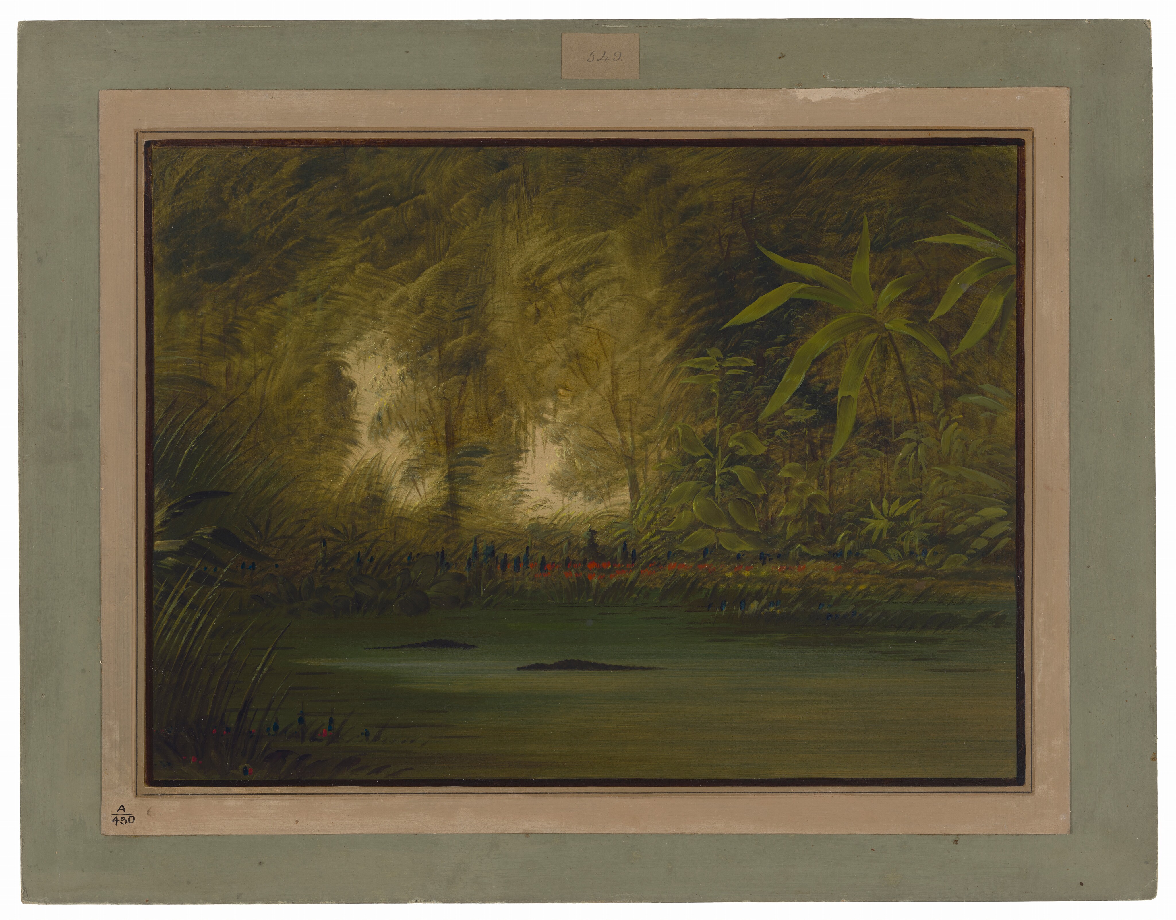 The image shows a lush, tropical landscape with dense green foliage. The vegetation varies in size and form, with large leaves contrasting against softer background vegetation. The brushwork is gentle, creating a humid jungle atmosphere. In the foreground is a still water surface surrounded by greenery and flowers. The color palette consists of deep greens with splashes of red, blue, and yellow. In the distance, various shades of green add depth to the landscape.