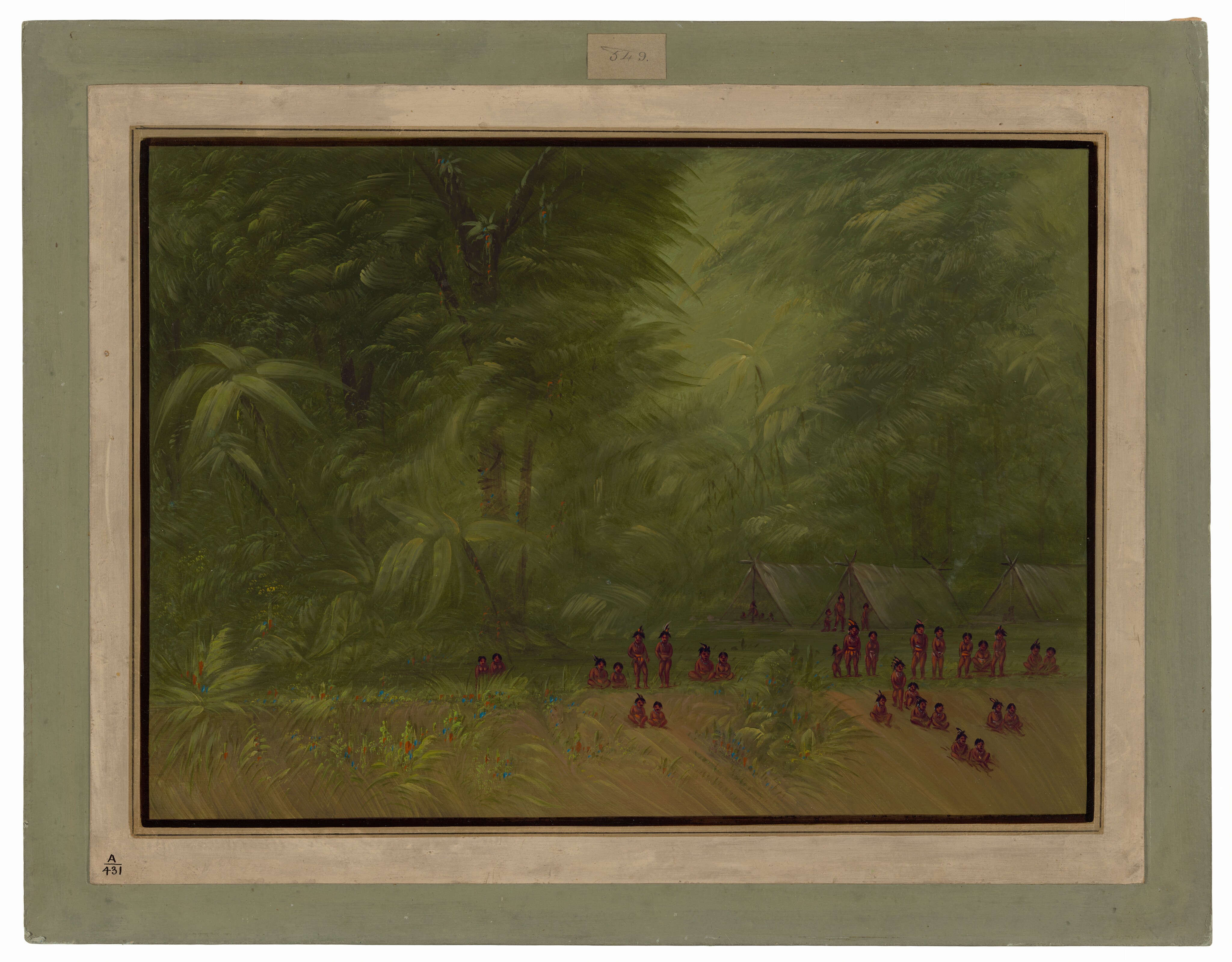 The image displays a jungle scene with dense vegetation, human figures, and huts in the distance. The foliage is thick, creating a green wall with a high horizon. The brushstrokes are detailed, showing layers of leaves and branches. The color palette consists of shades of green. Red-hued figures are seen closer to us, engaging in various activities.