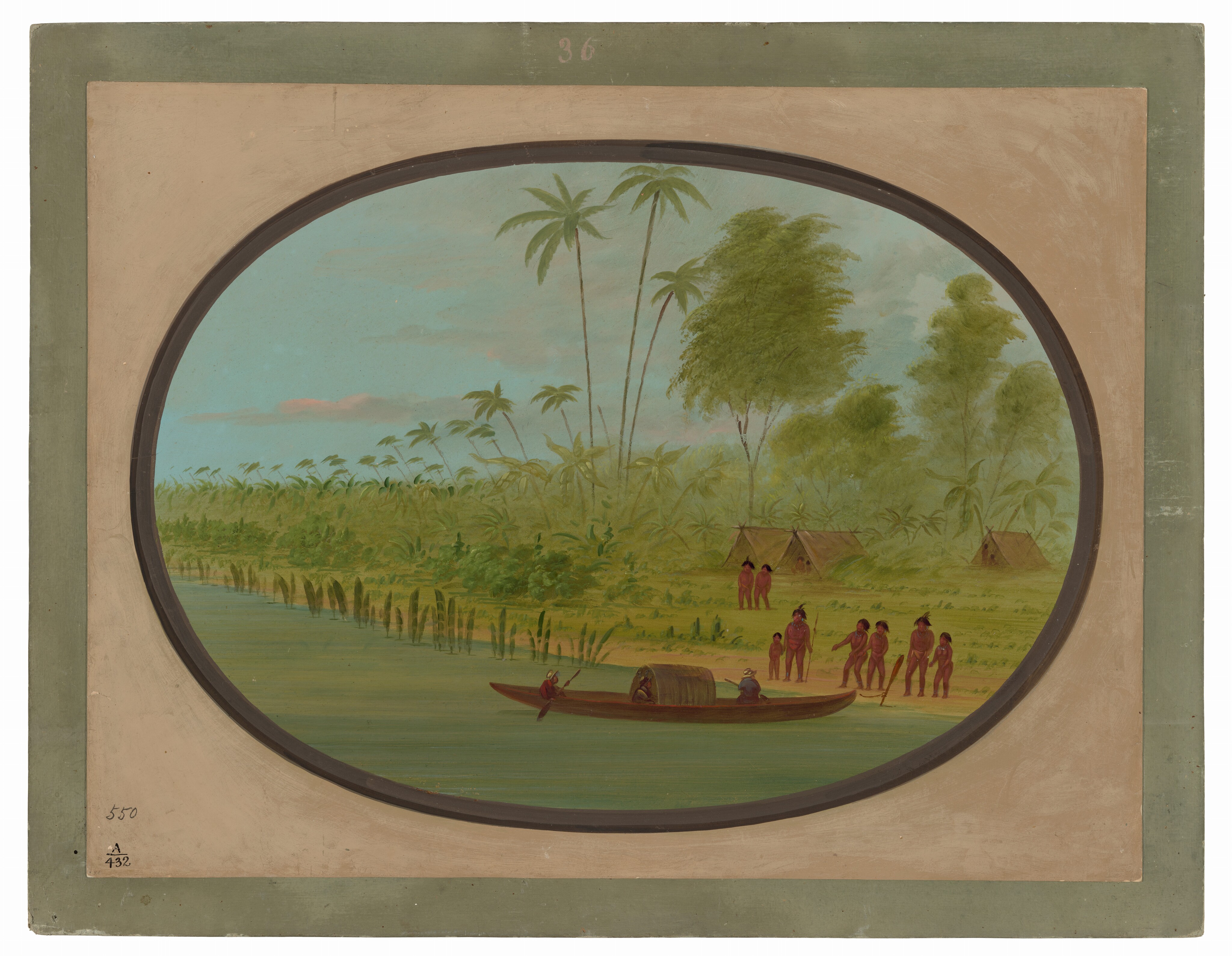 The image captures a scenic view inside a circular frame. The perspective is across a river or channel towards a settlement in a lush, tropical landscape. The horizon is in the upper third, featuring tall palm trees and dense foliage. The brushstrokes create a soft, blended style, with details in the vegetation. The color palette is predominantly green and blue, with touches of brown for structures and people. A canoe with a thatched covering is in the foreground on the water, being paddled by a person in red. A group of people in red stand on the riverbank, near small thatched huts. The sky has a light blue color with pinkish clouds.