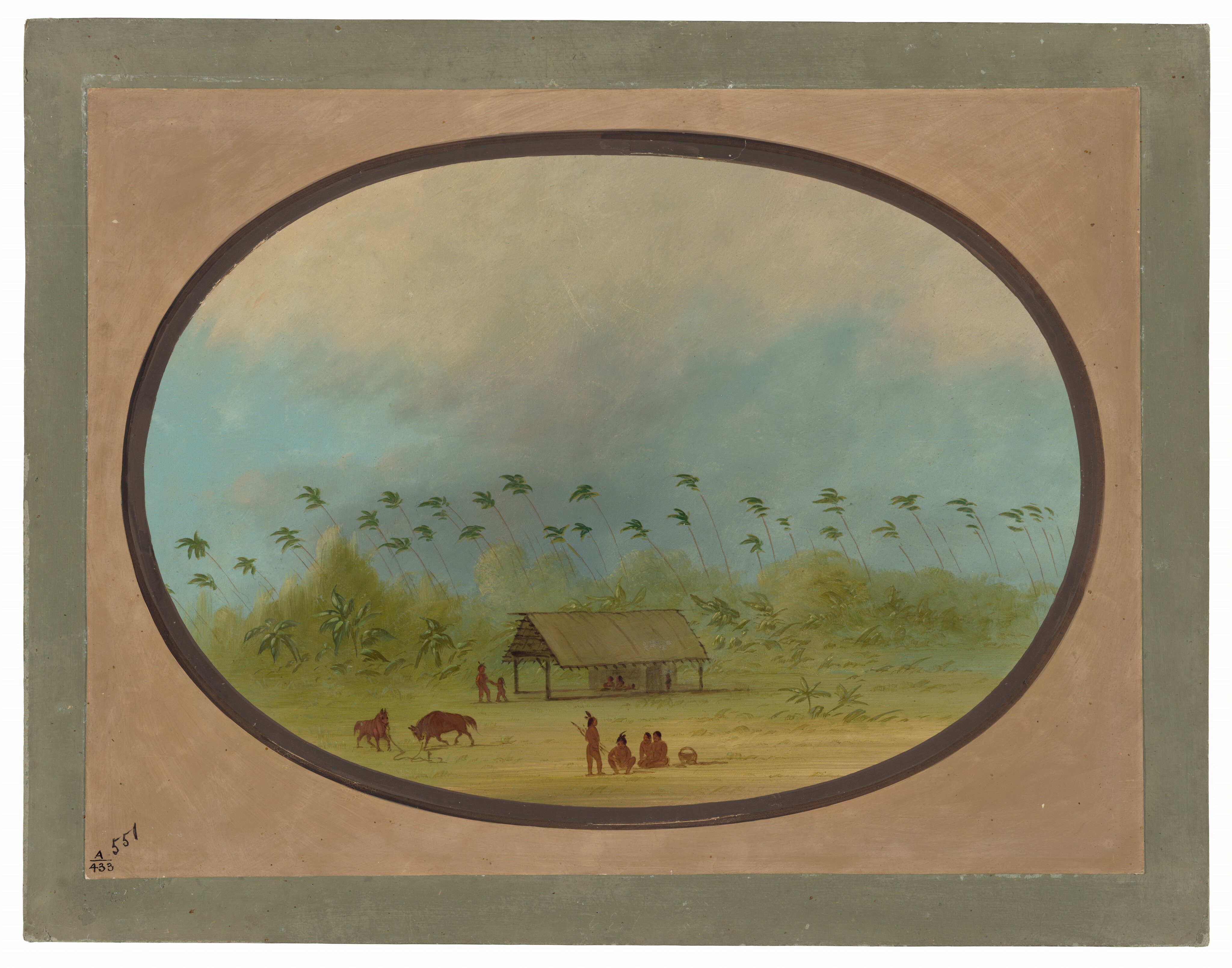The image depicts a scene from an elevated perspective. A row of leaning palm trees forms the horizon just above the center of the image. Below, multiple people and animals are gathered on a grassy area, with a simple thatched roof structure visible in the distance. The background is filled with swaying palm trees against the sky. The painting employs soft brushstrokes and a color palette dominated by pale blues for the sky and soft greens and earth tones for the landscape and figures.