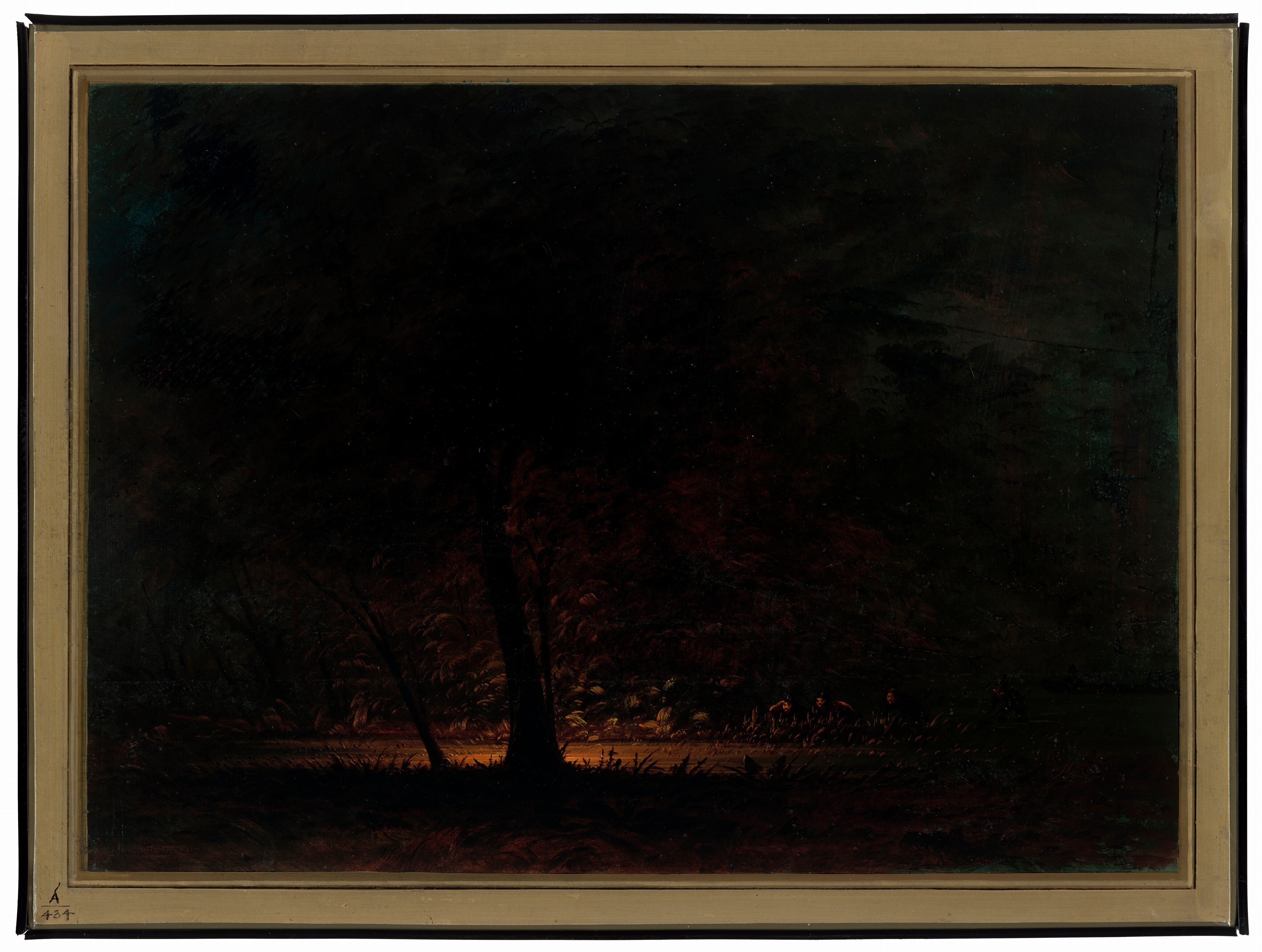 The image depicts a night scene in a dense and shadowy forest. A faintly illuminated path is visible running horizontally through the scene. Dark silhouettes of trees and foliage surround the path, leading to a strip of warm light shining through the trees. The horizon is obscured by the densely packed trees, creating a continuous dark mass. The artist uses blended brushstrokes to create subtle transitions between light and shadow, adding depth. The color palette consists of deep greens and blacks with touches of muted oranges and yellows where the light breaks through, creating contrast. Softly rendered brushstrokes blur the boundaries of form, enhancing the scene's depth and contrast.